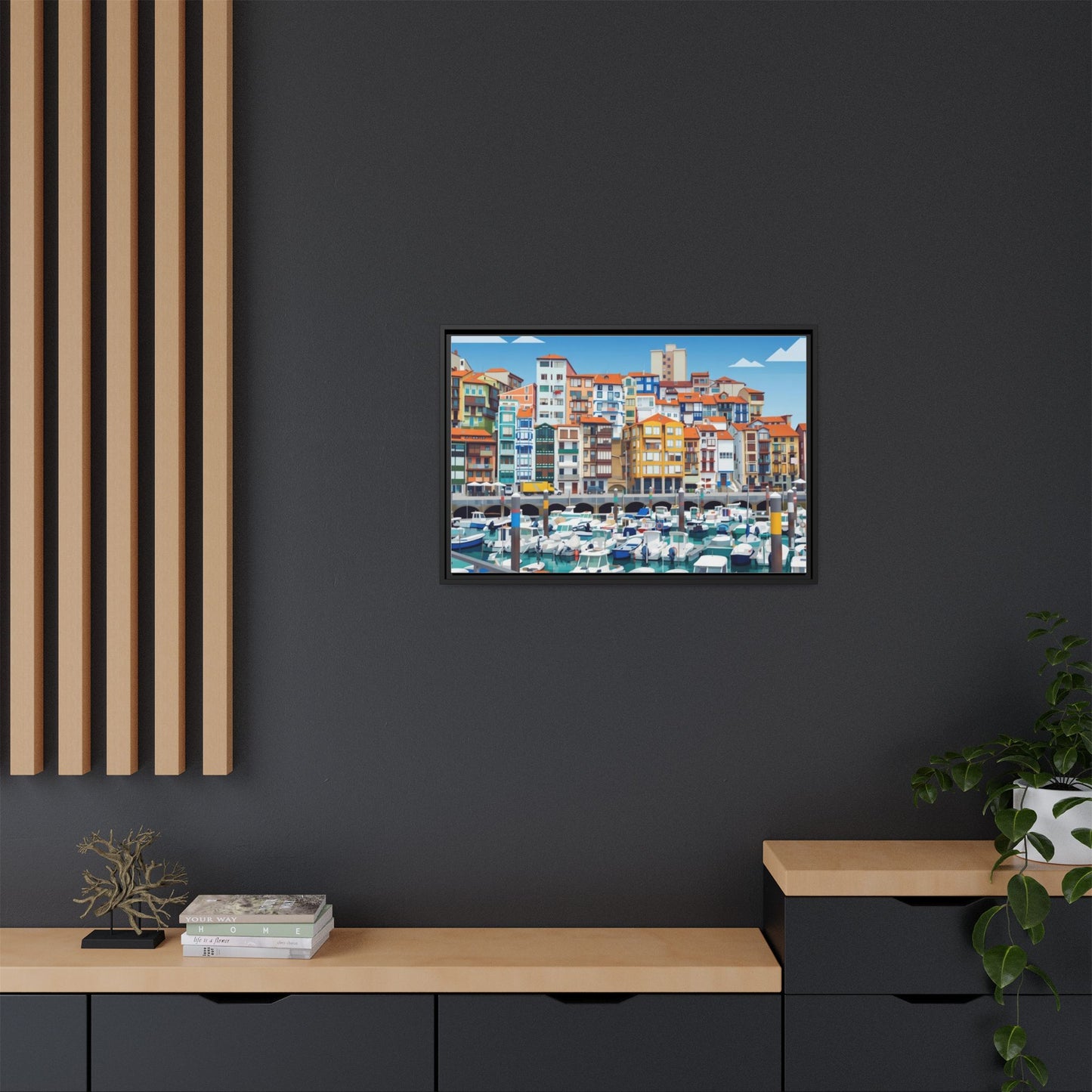 Framed Matte Canvas Print — Colorful Mediterranean Harbor Illustration