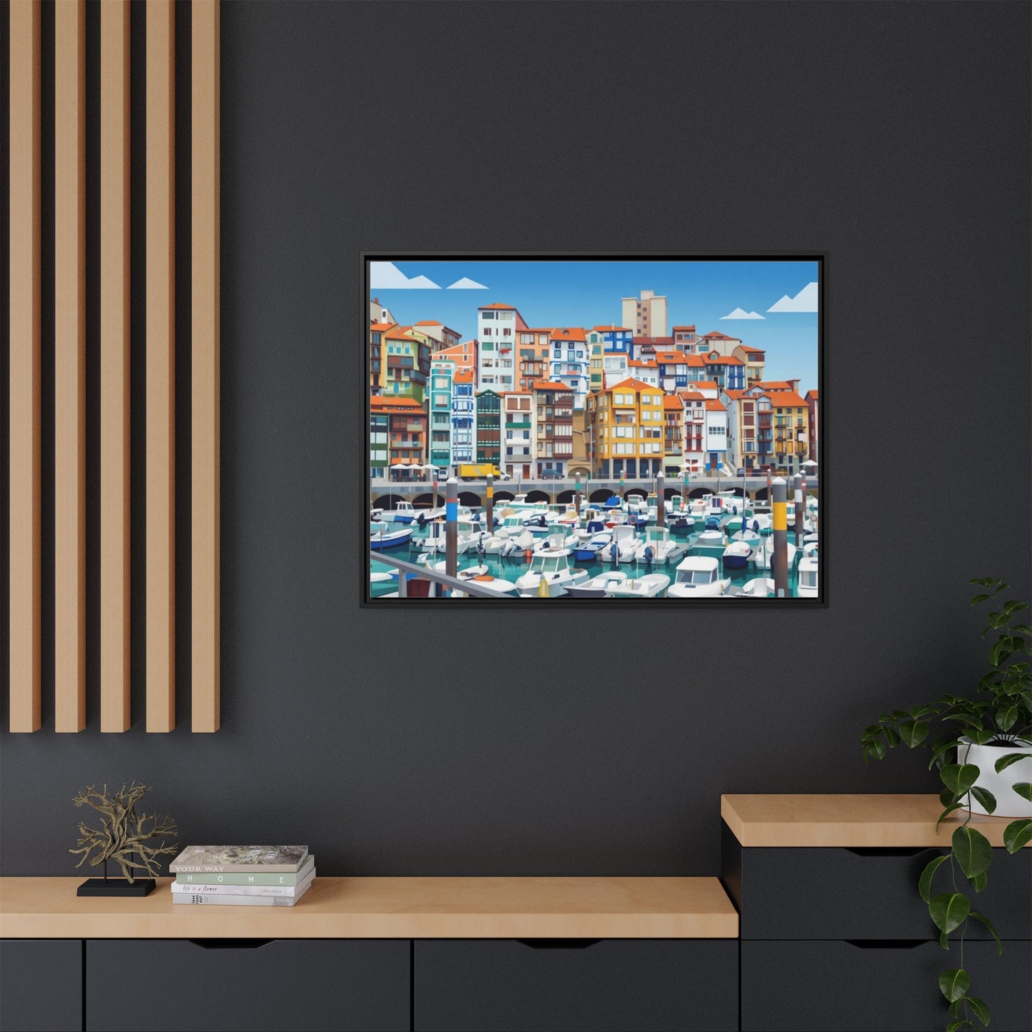 Framed Matte Canvas Print — Colorful Mediterranean Harbor Illustration