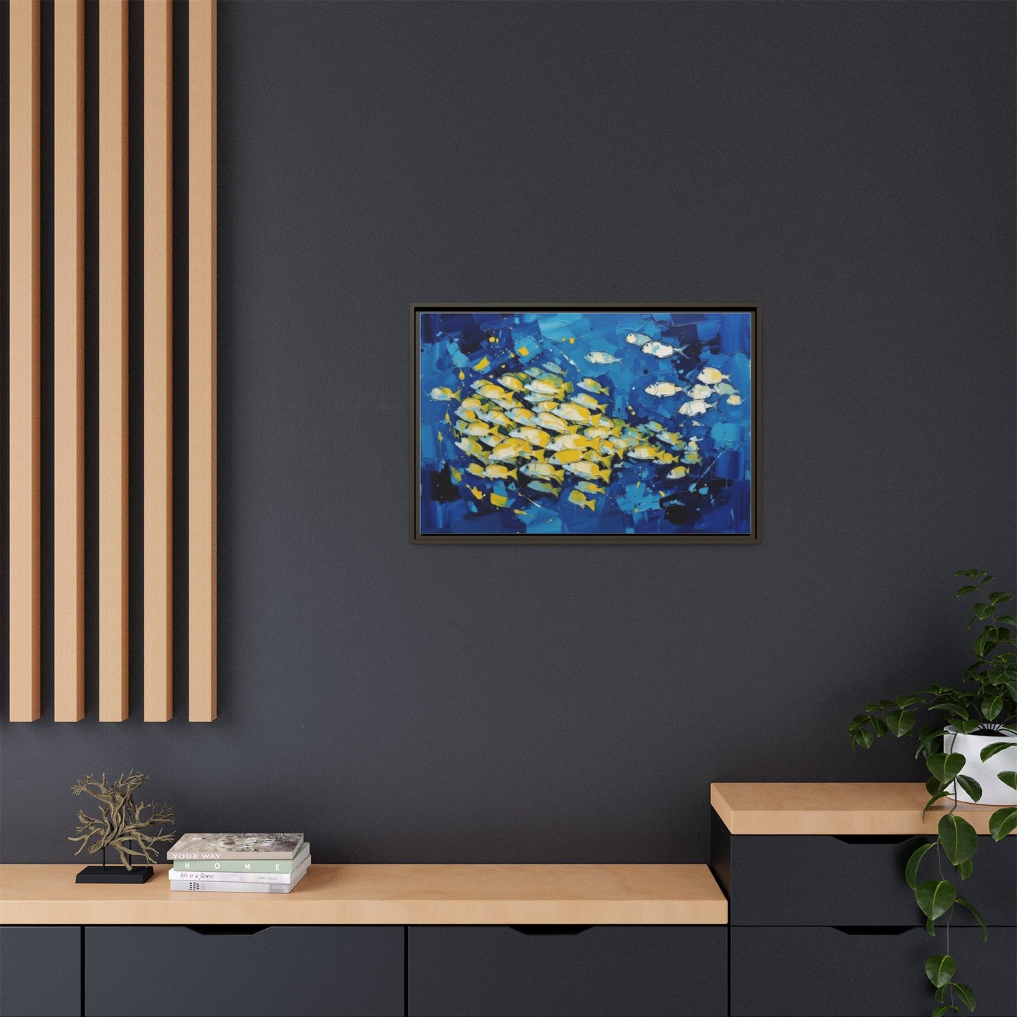 Framed Matte Canvas: Blue School of Fish Wall Art