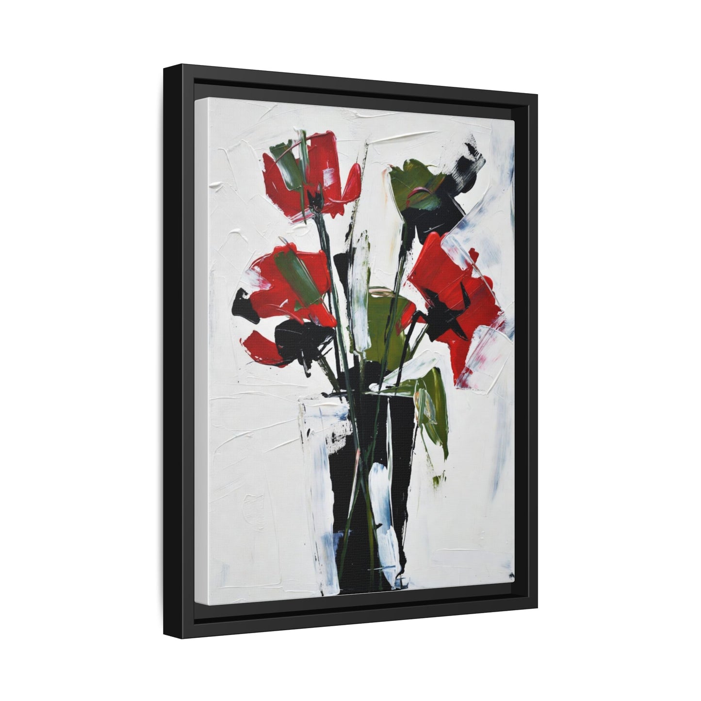 Framed Abstract Floral Canvas Print — Red Poppies in Black Vase