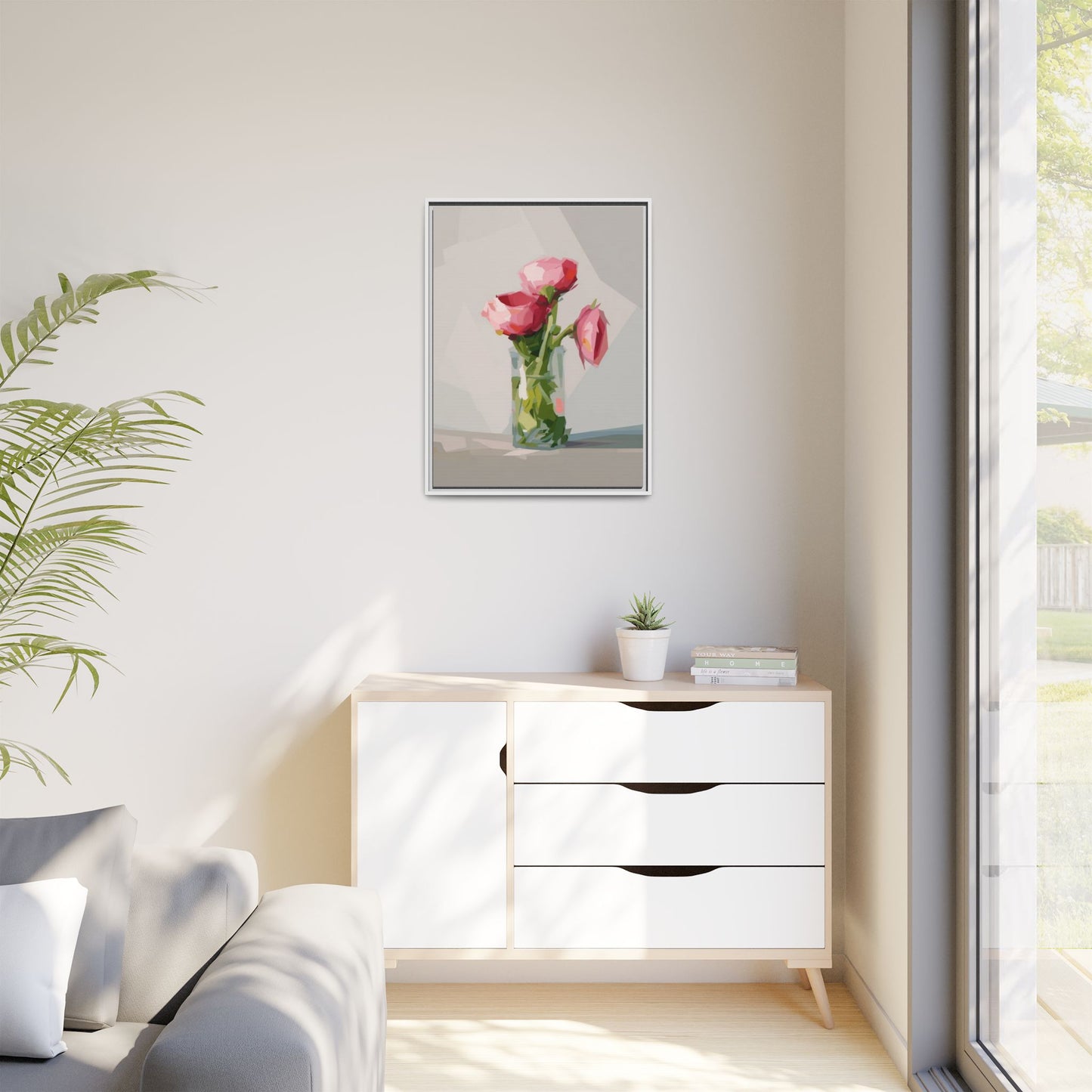 Framed Canvas Art — Pink Roses in Vase, Modern Floral Wall Print