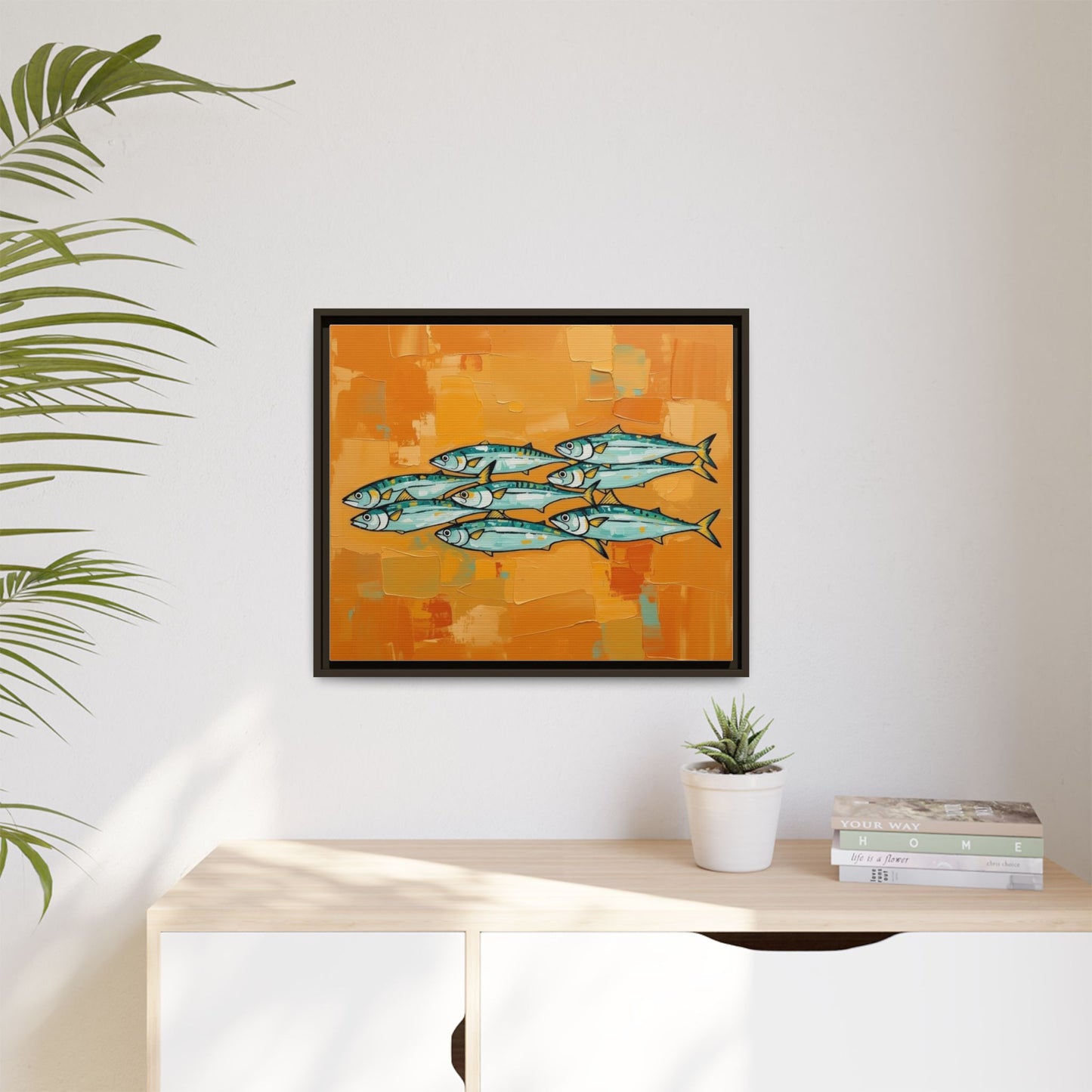 Framed Matte Canvas Print — School of Blue Fish on Orange Abstract Background