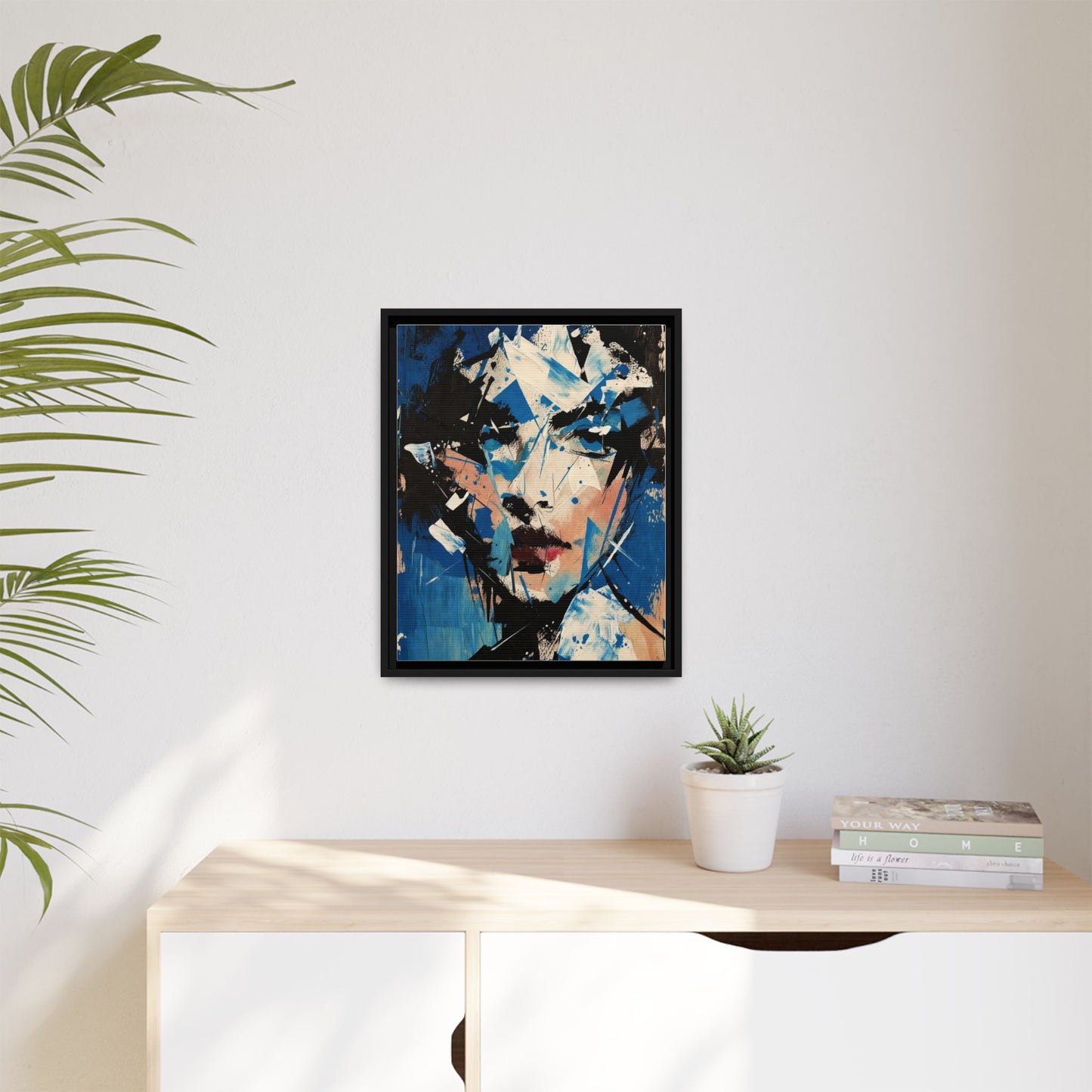 Abstract Portrait Matte Canvas Framed Wall Art — Blue Mixed-Media Face Print