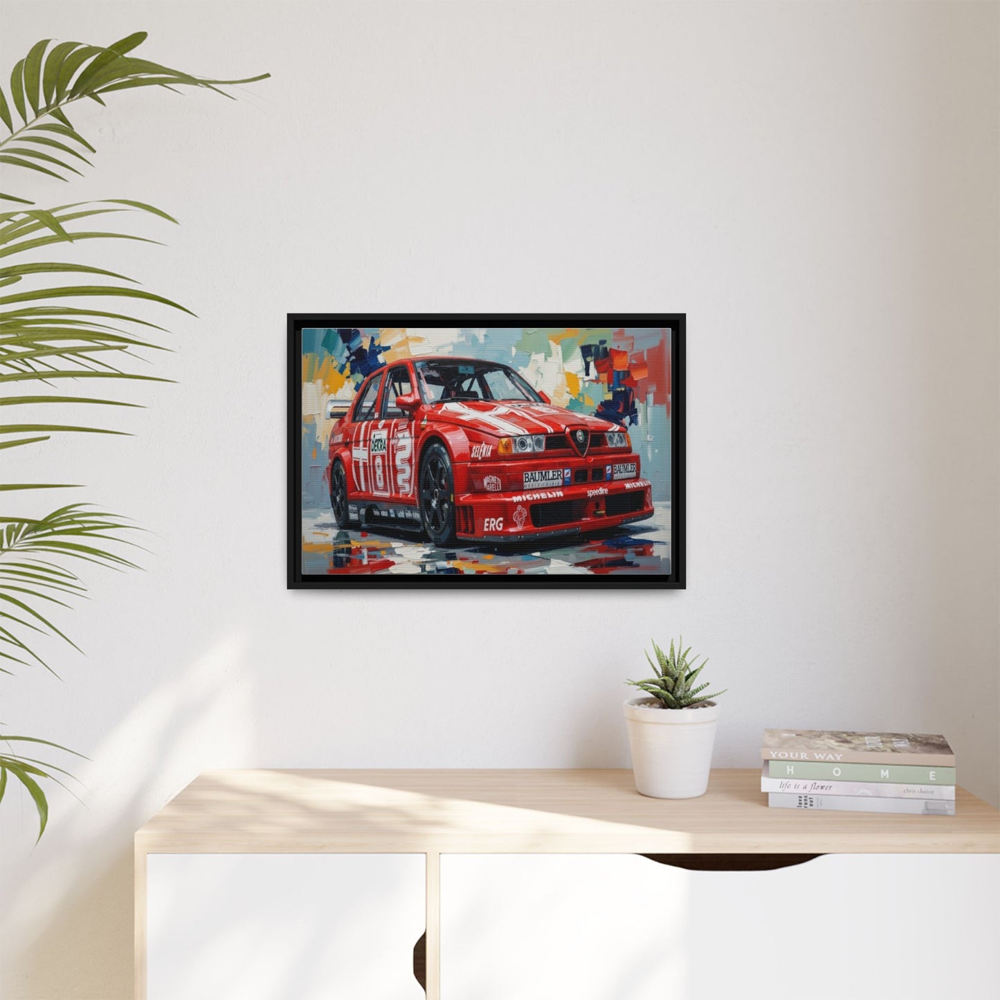 Framed Racing Car Canvas Print — Red Alfa Romeo Track Art