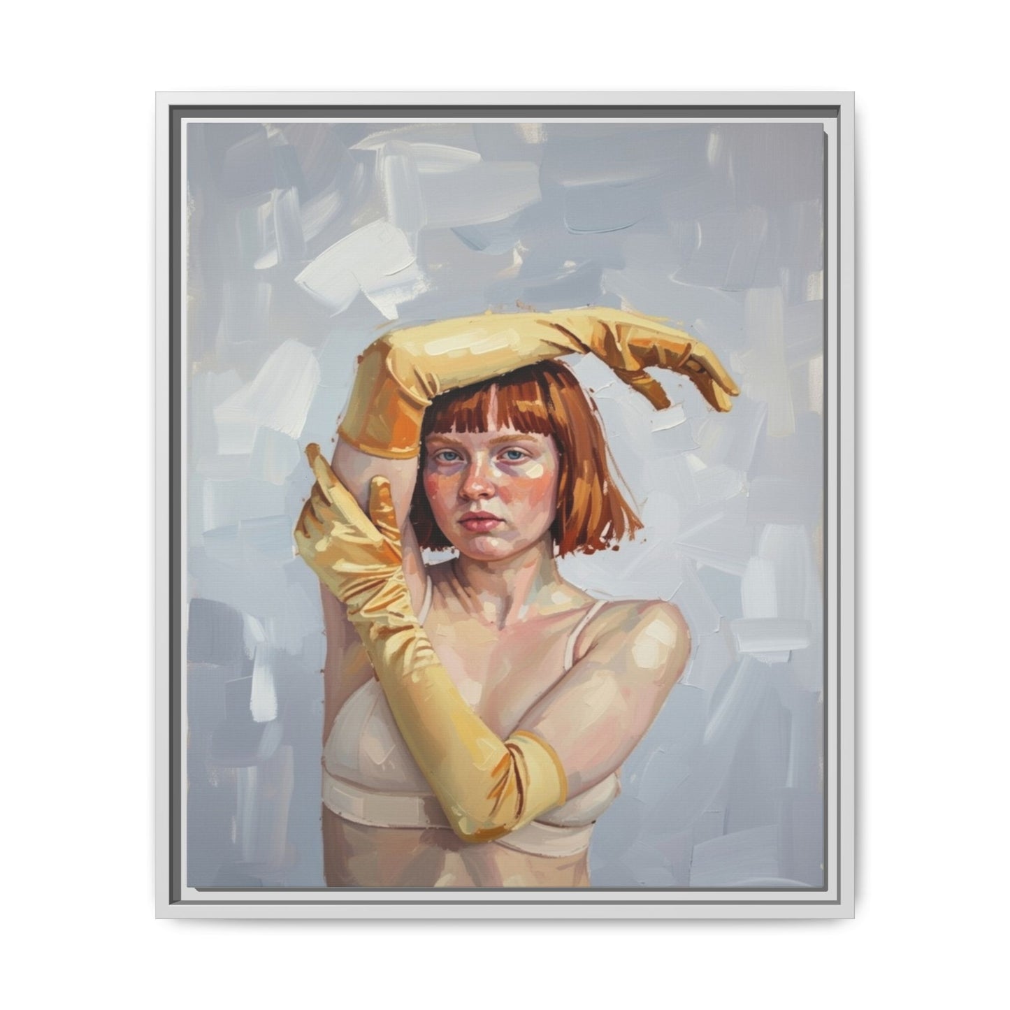 Contemporary Portrait Canvas Print — Woman with Yellow Gloves (Framed Matte)