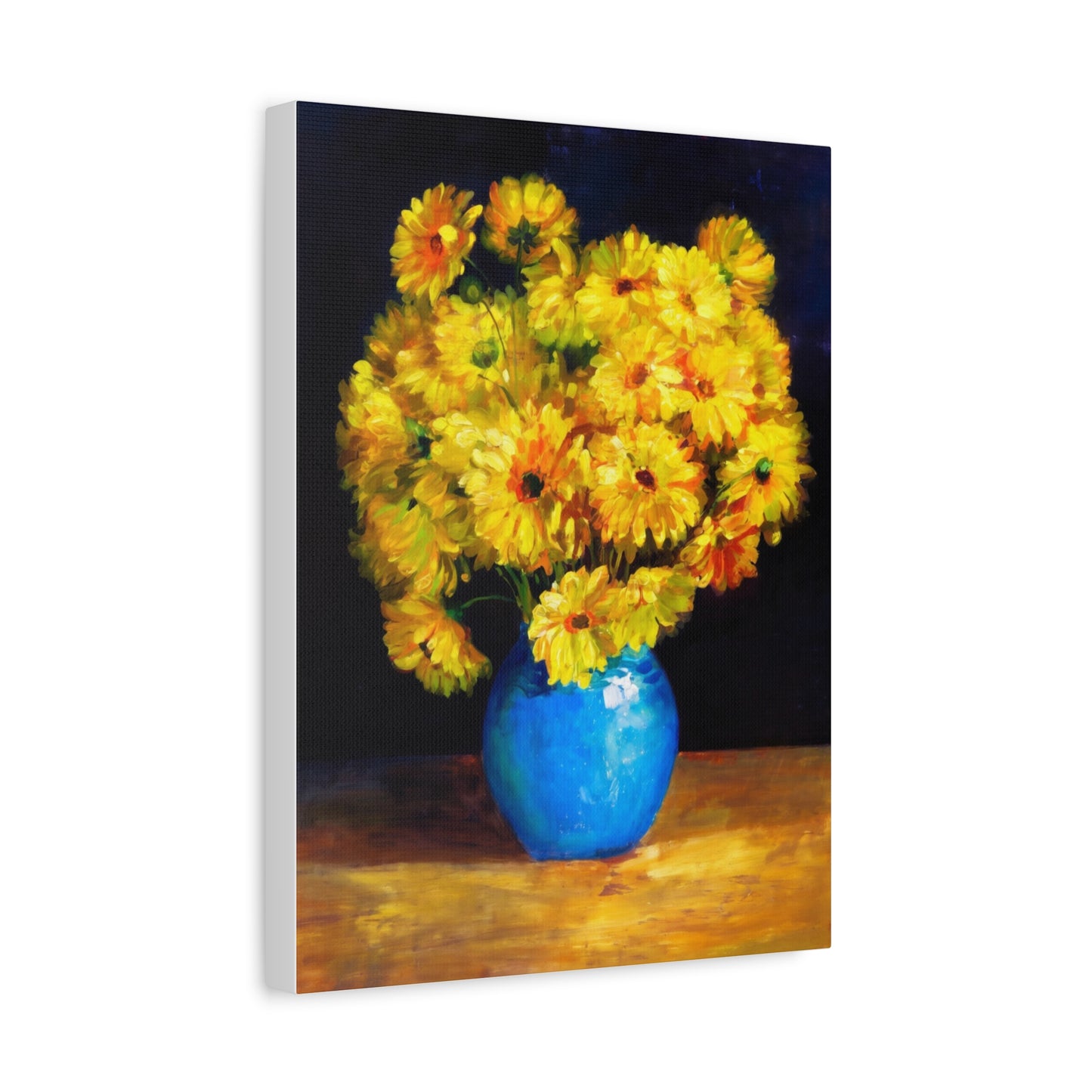 Yellow Chrysanthemum Canvas Wall Art — Blue Vase Floral Painting (Stretched Matte)