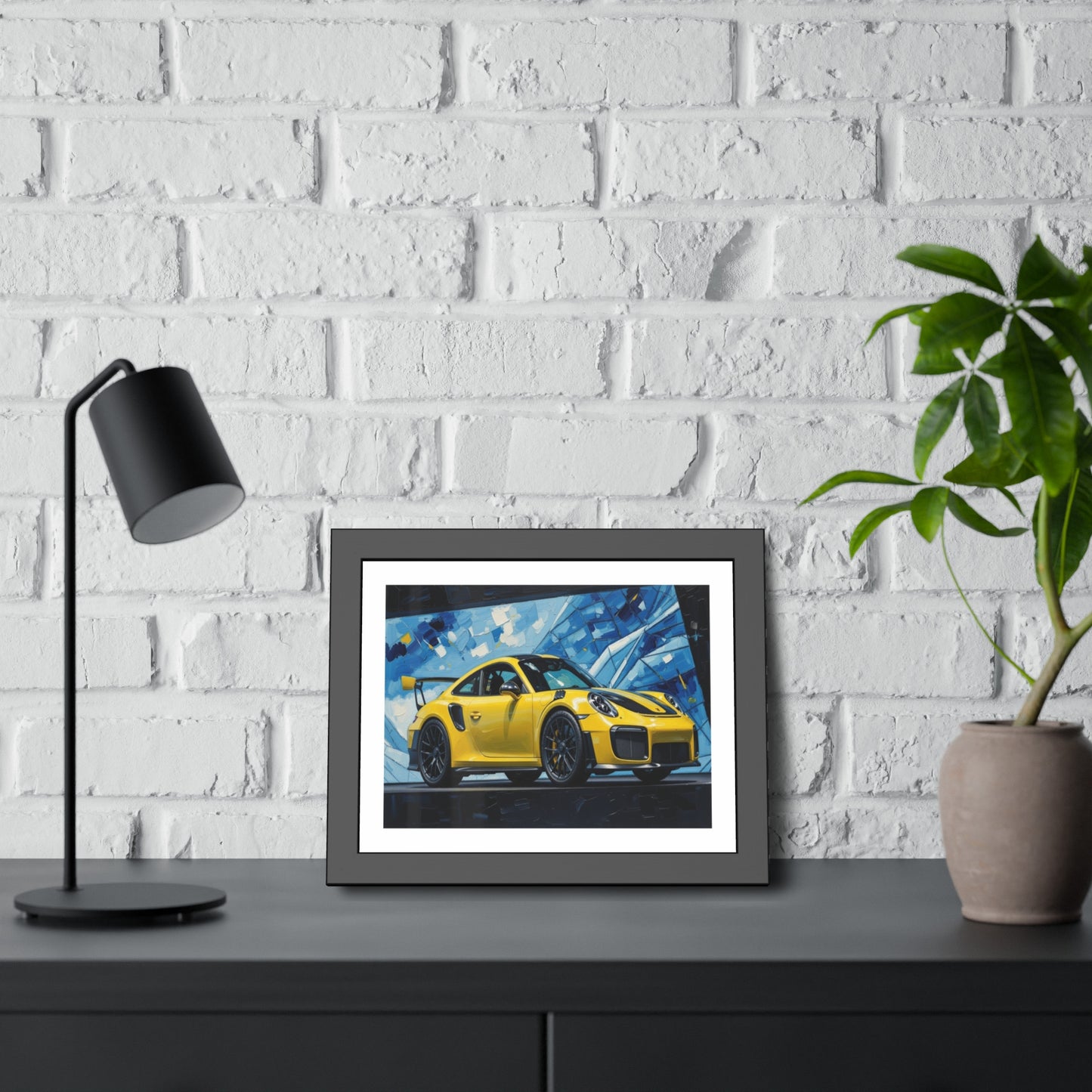 Framed Poster - Yellow Porsche Sports Car Art Print (Modern Automotive Wall Decor)