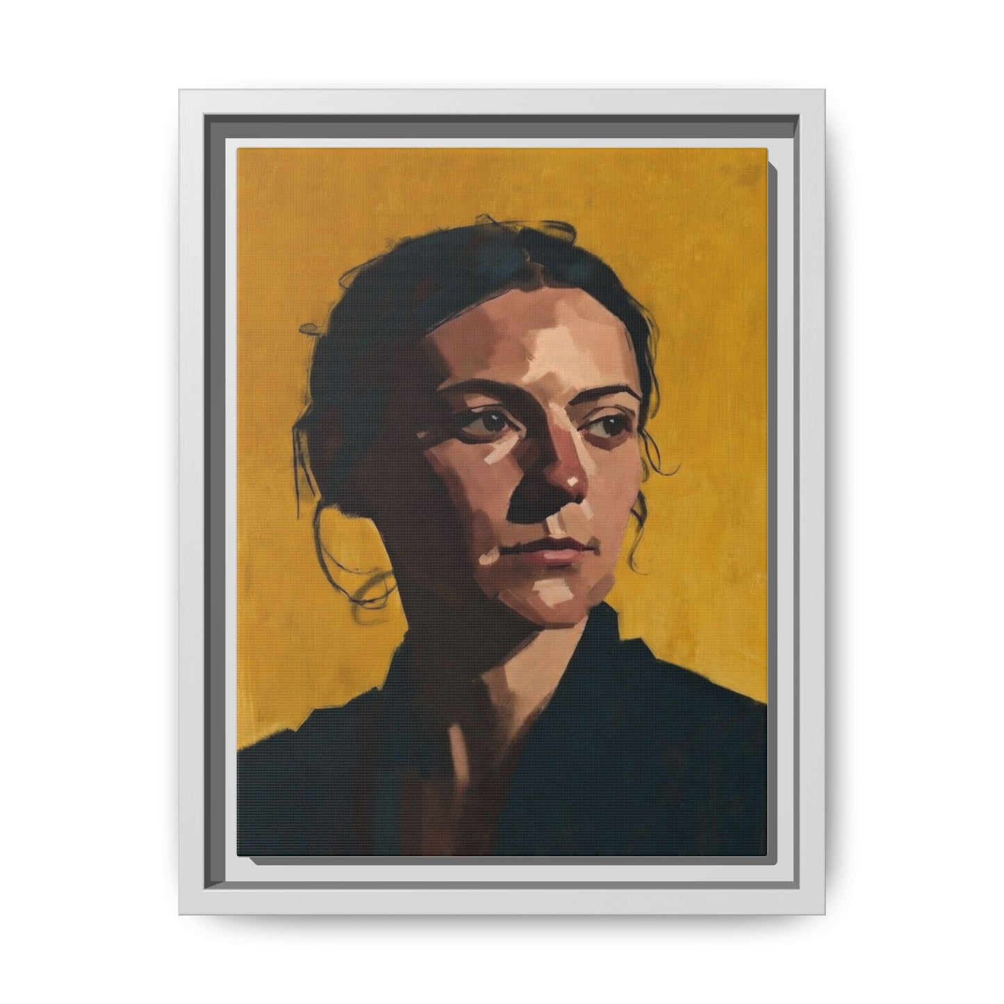 Framed Matte Canvas Portrait Art — Moody Woman on Mustard Background