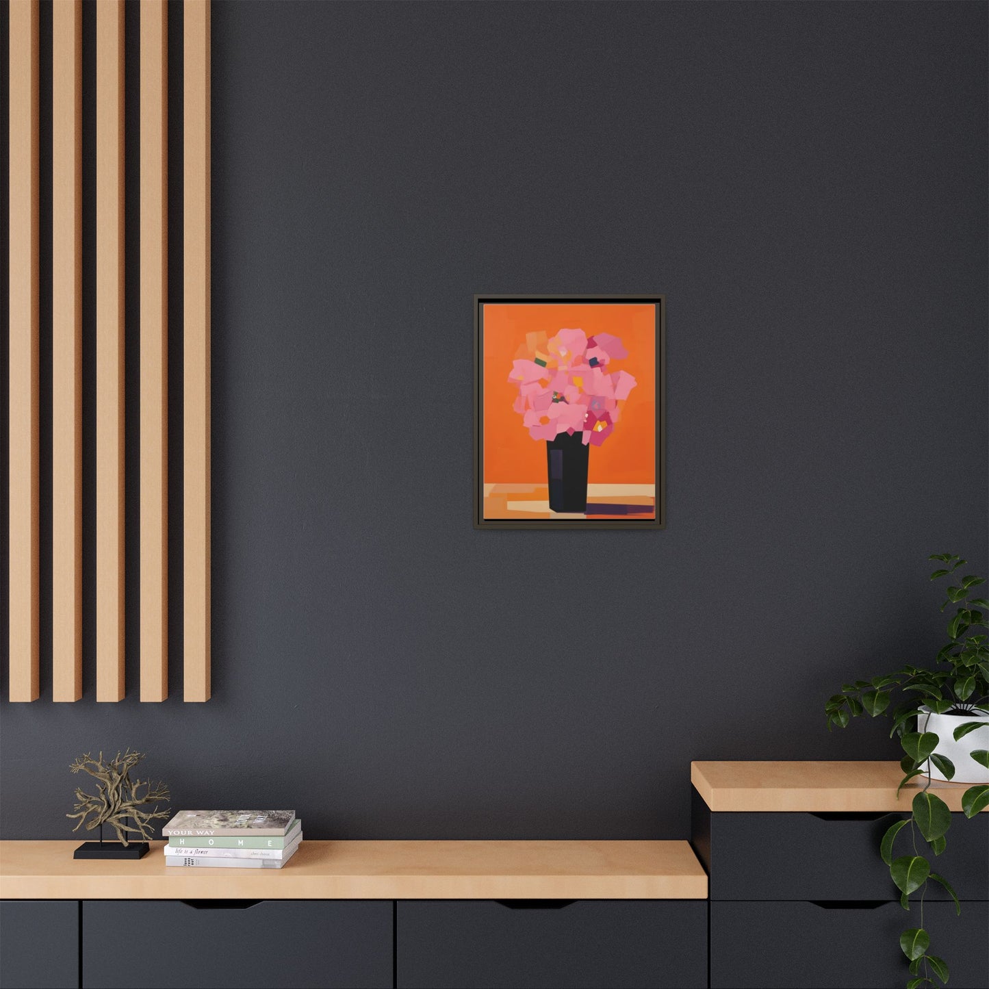 Framed Floral Canvas Art — Pink Bouquet on Orange Background