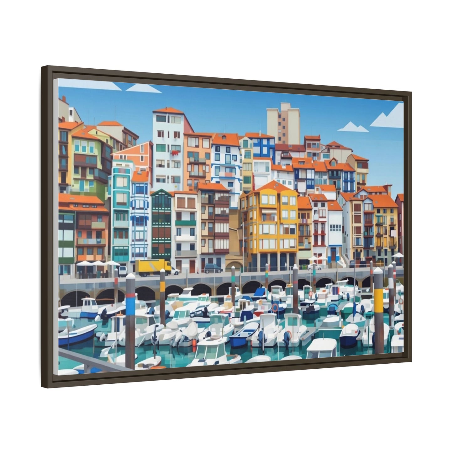 Framed Matte Canvas Print — Colorful Mediterranean Harbor Illustration
