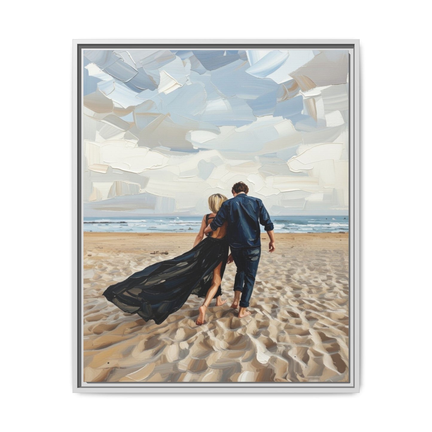 Framed Canvas Wall Art — Romantic Couple Walking on Beach Print