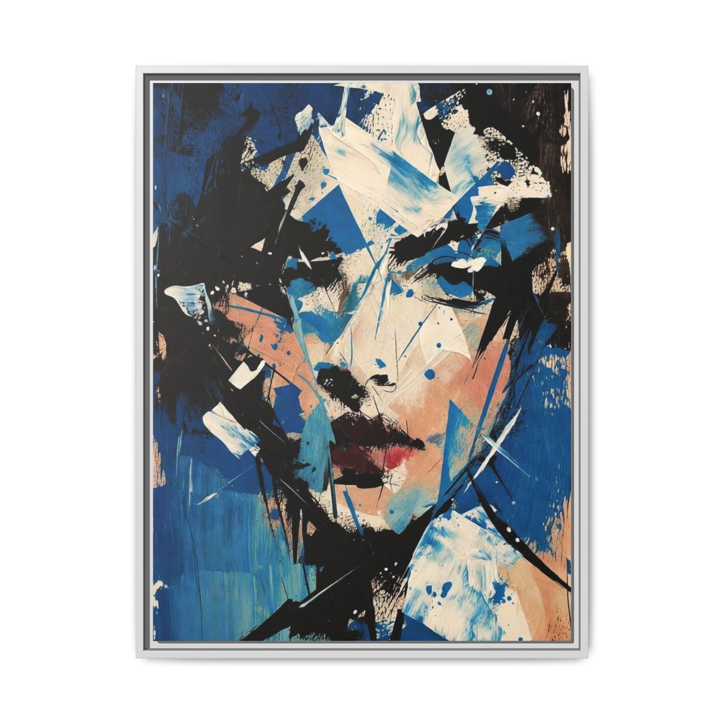 Abstract Portrait Matte Canvas Framed Wall Art — Blue Mixed-Media Face Print