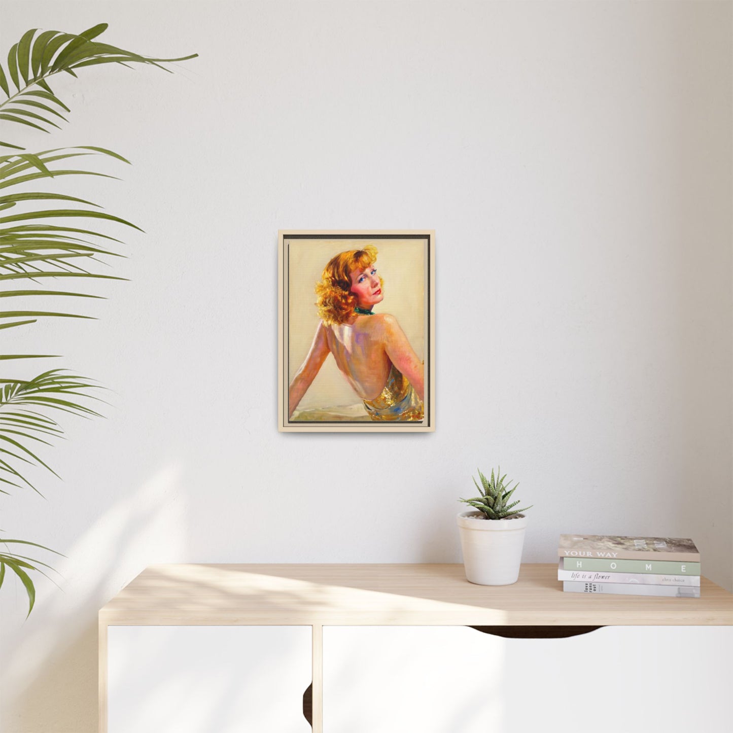 Framed Matte Canvas Print — Vintage Portrait of Redhead Greta Garbo in Gold Dress