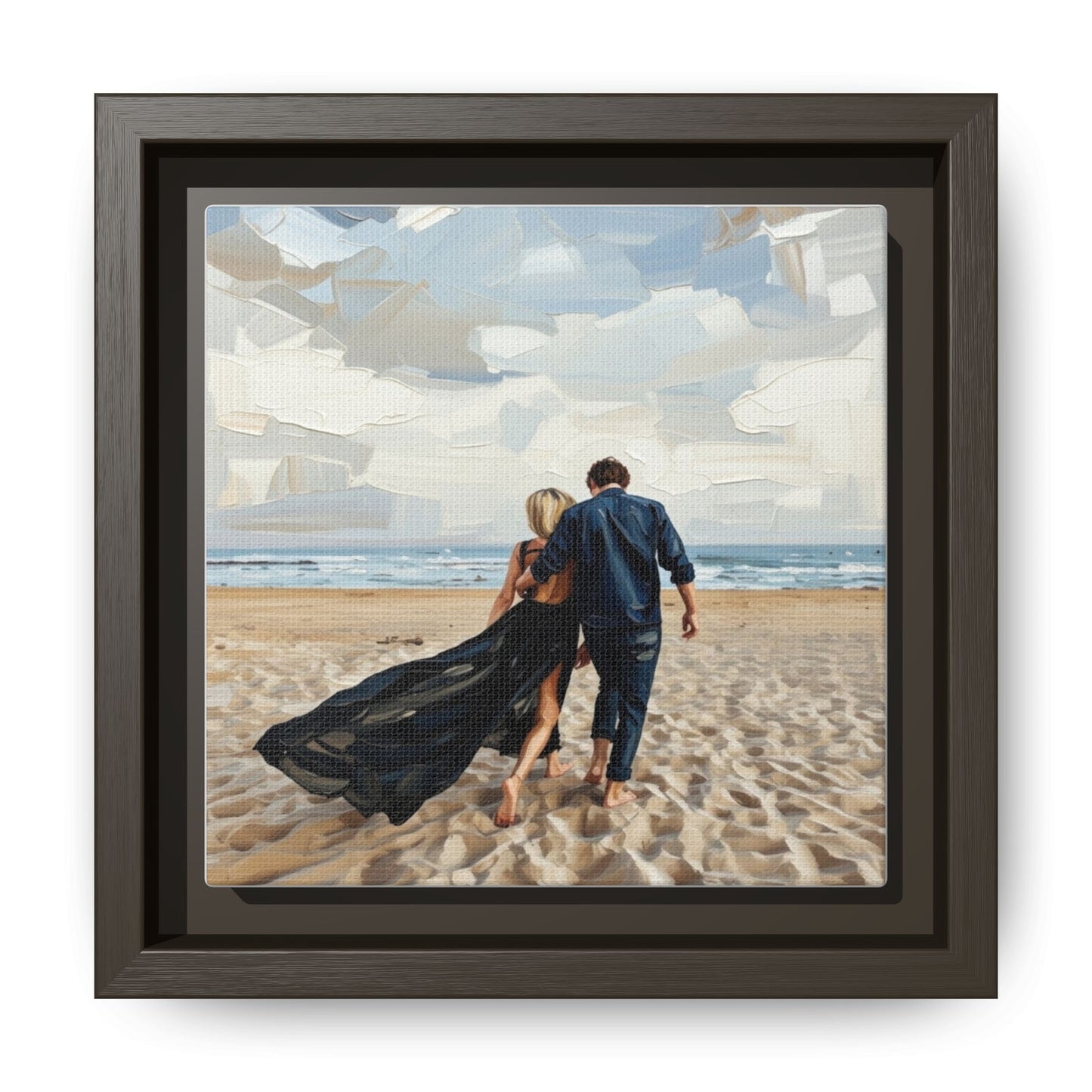 Framed Canvas Wall Art — Romantic Couple Walking on Beach Print