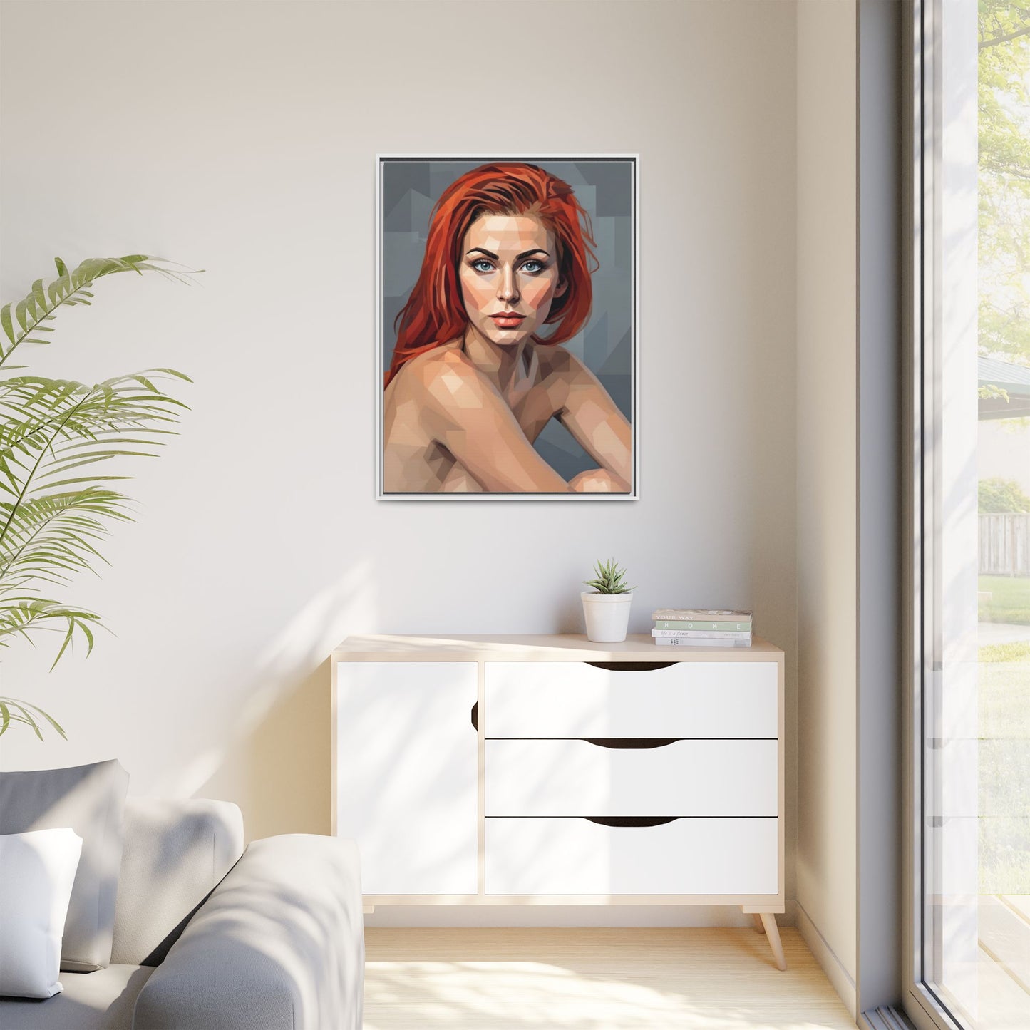 Framed Matte Canvas Portrait — Geometric Redhead Wall Art