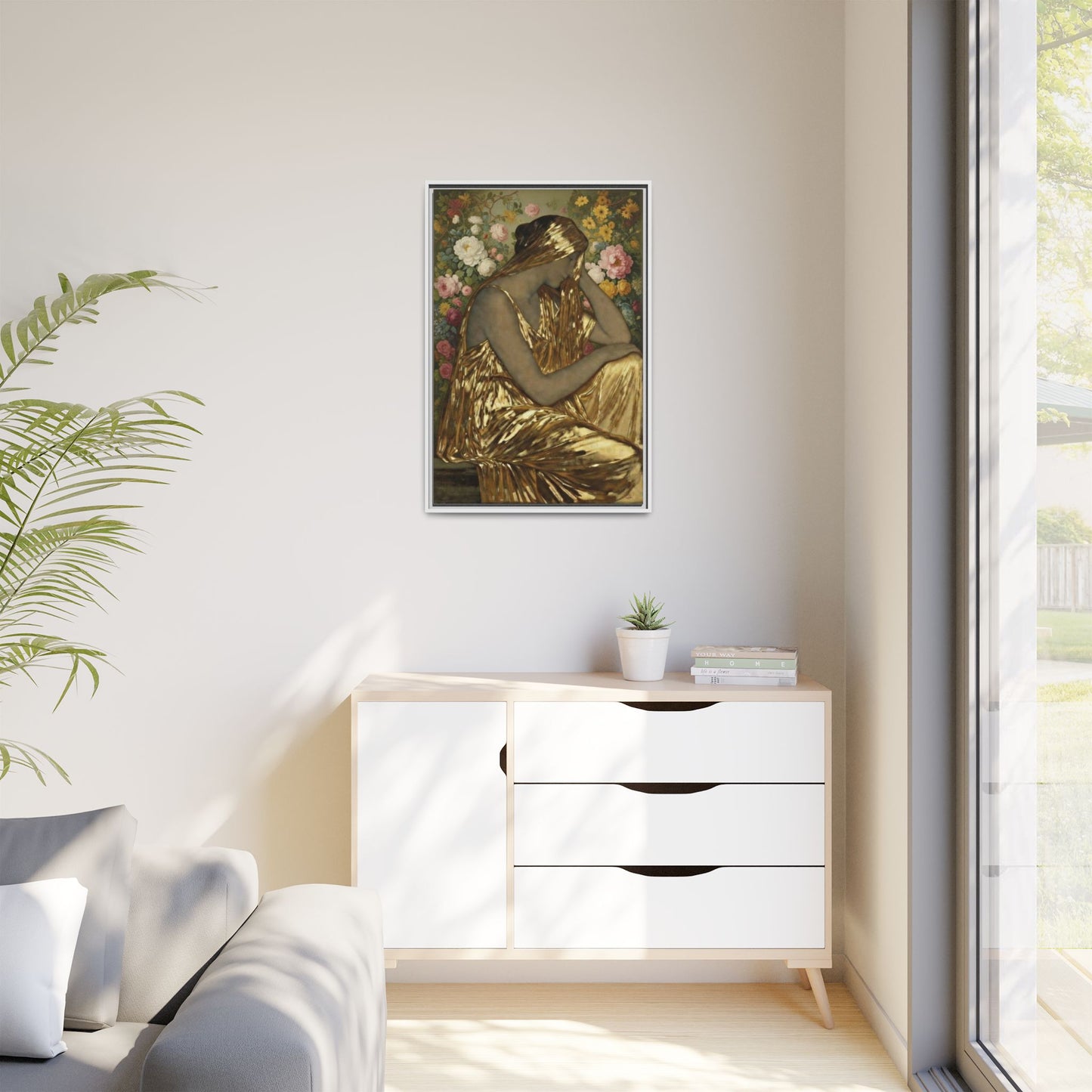 Framed Canvas Art Print — Golden Muse Woman with Floral Background