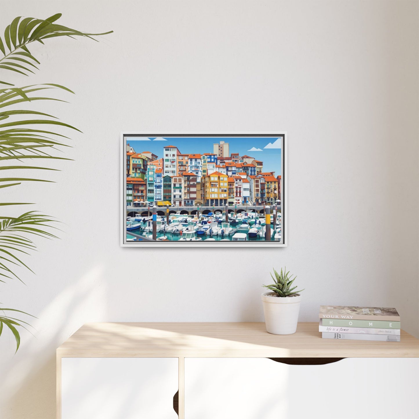 Framed Matte Canvas Print — Colorful Mediterranean Harbor Illustration