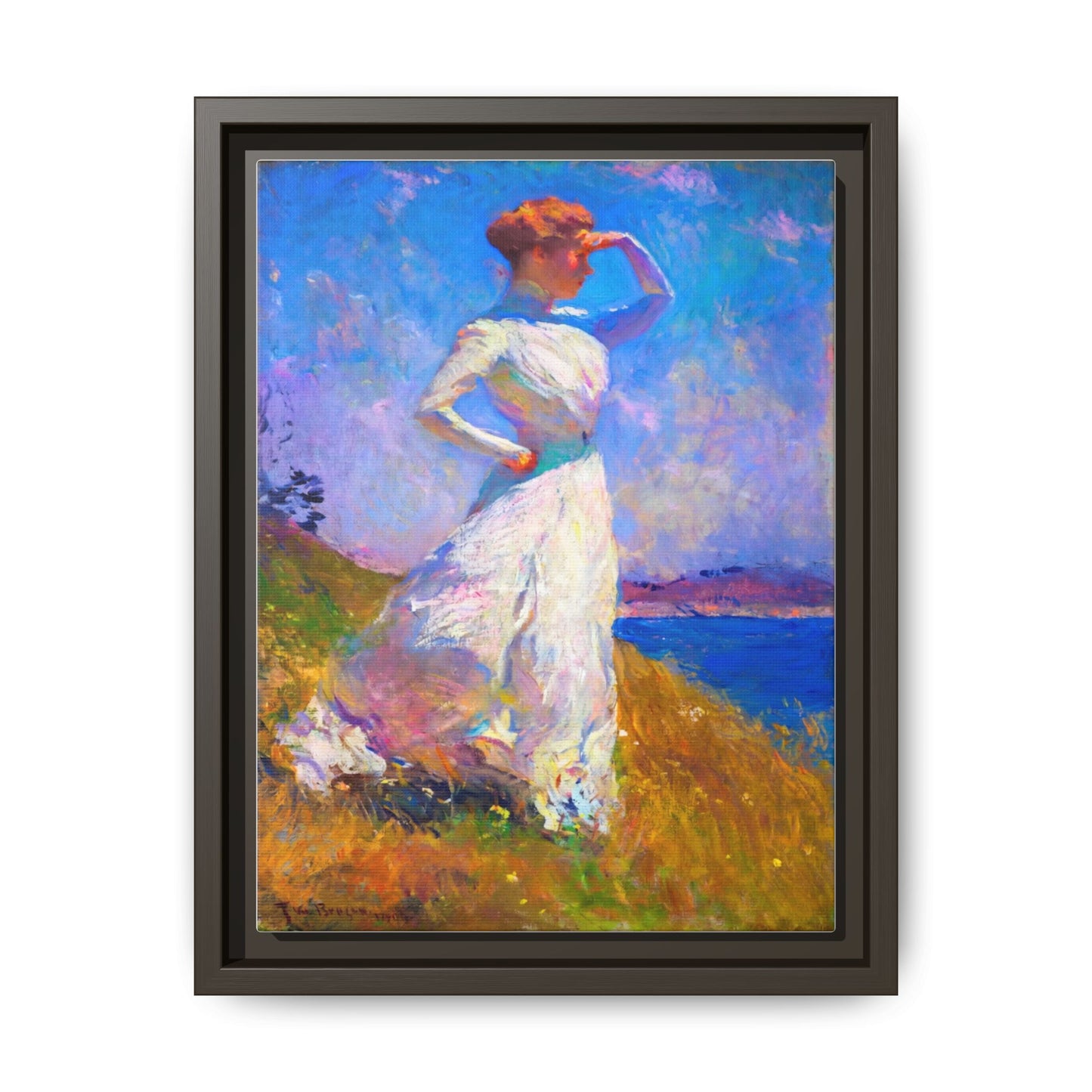 Framed Matte Canvas Art - Woman in White Seaside Impressionist Print