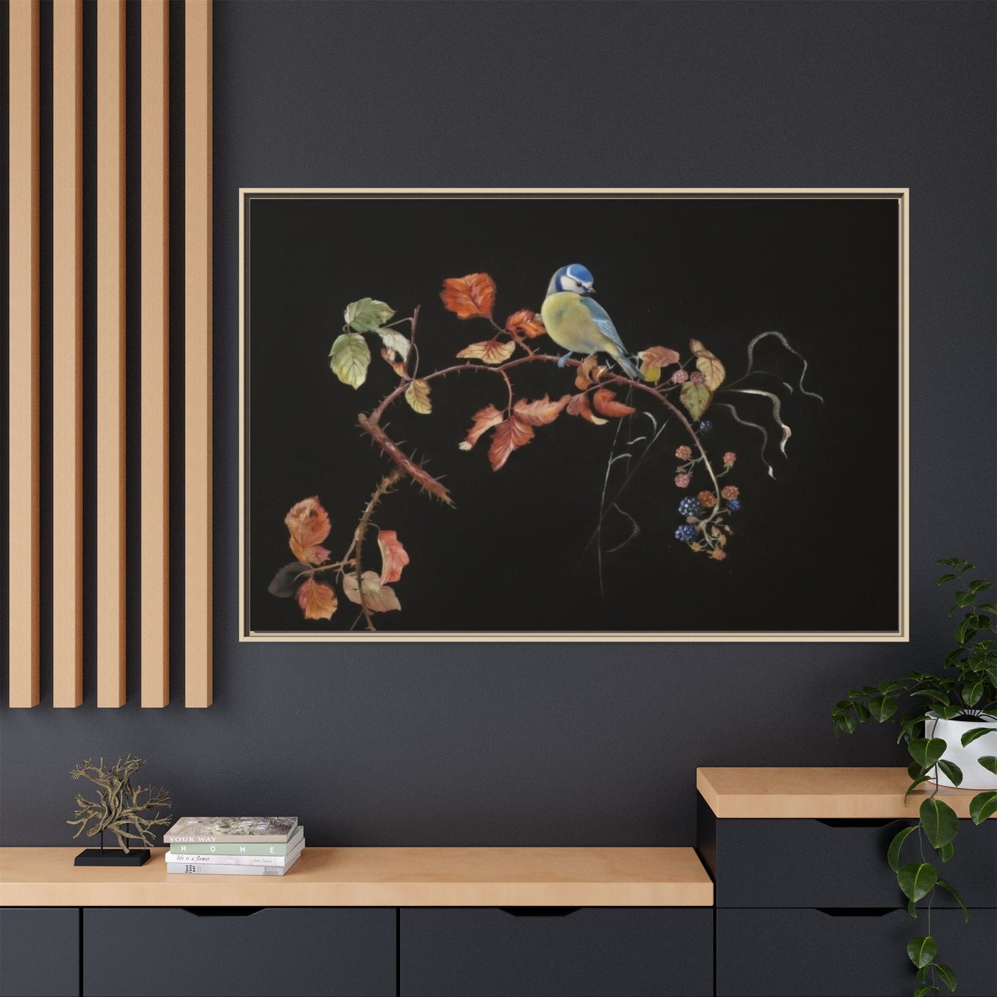 Framed Matte Canvas - Blue Tit on Autumn Branch Wall Art