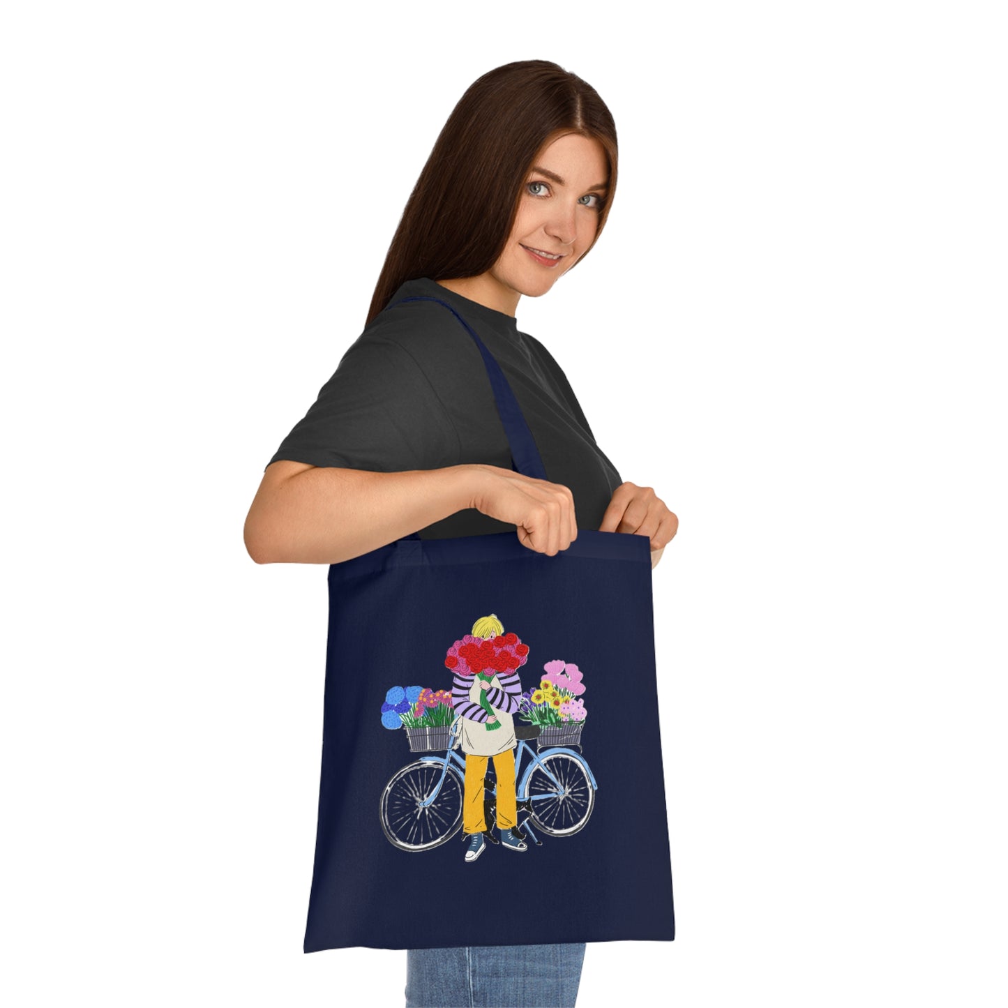 Floral Bike Tote Bag — Cotton Market Tote with Colorful Flower Bicycle Design