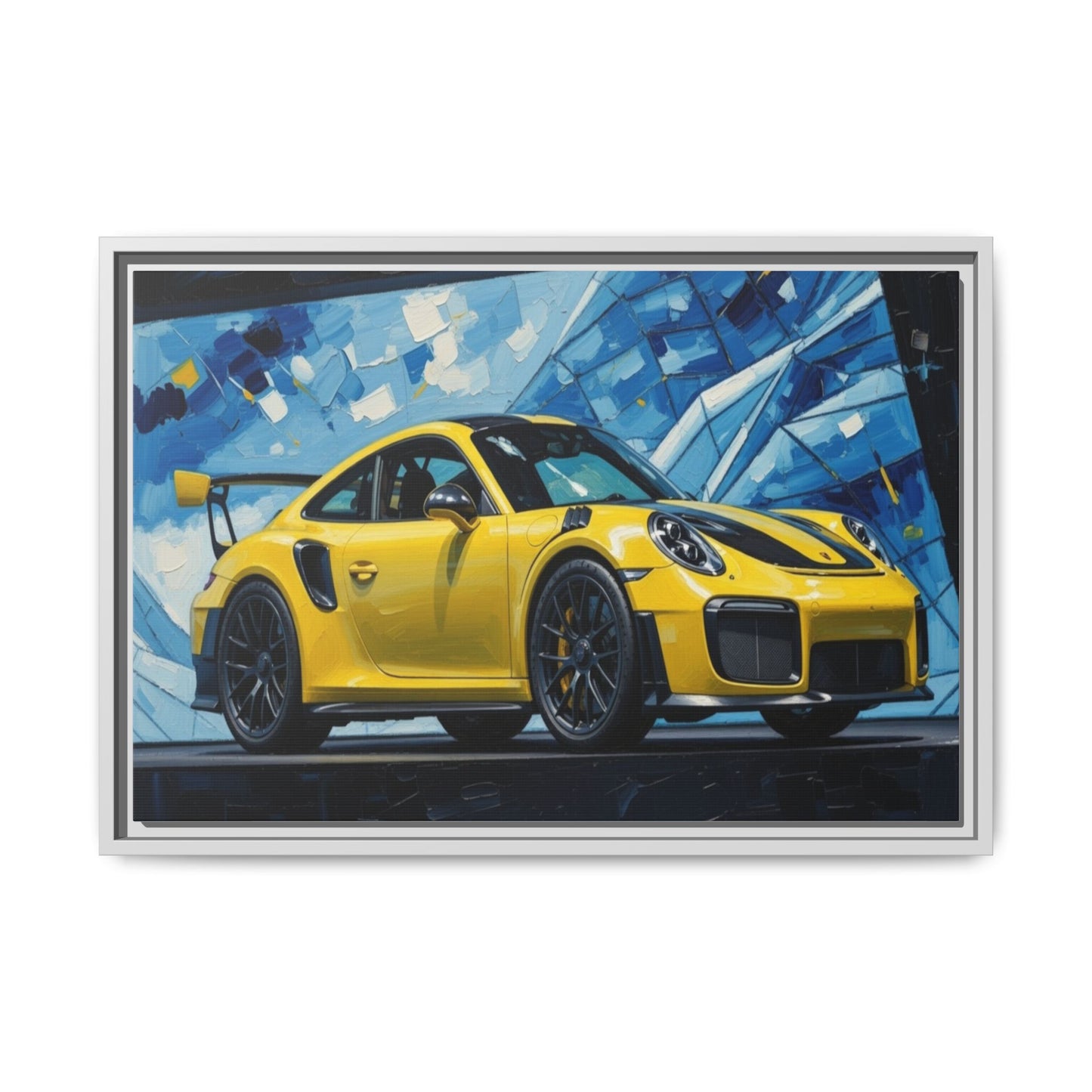 Yellow Porsche Sports Car Matte Framed Canvas – Modern Automotive Wall Art