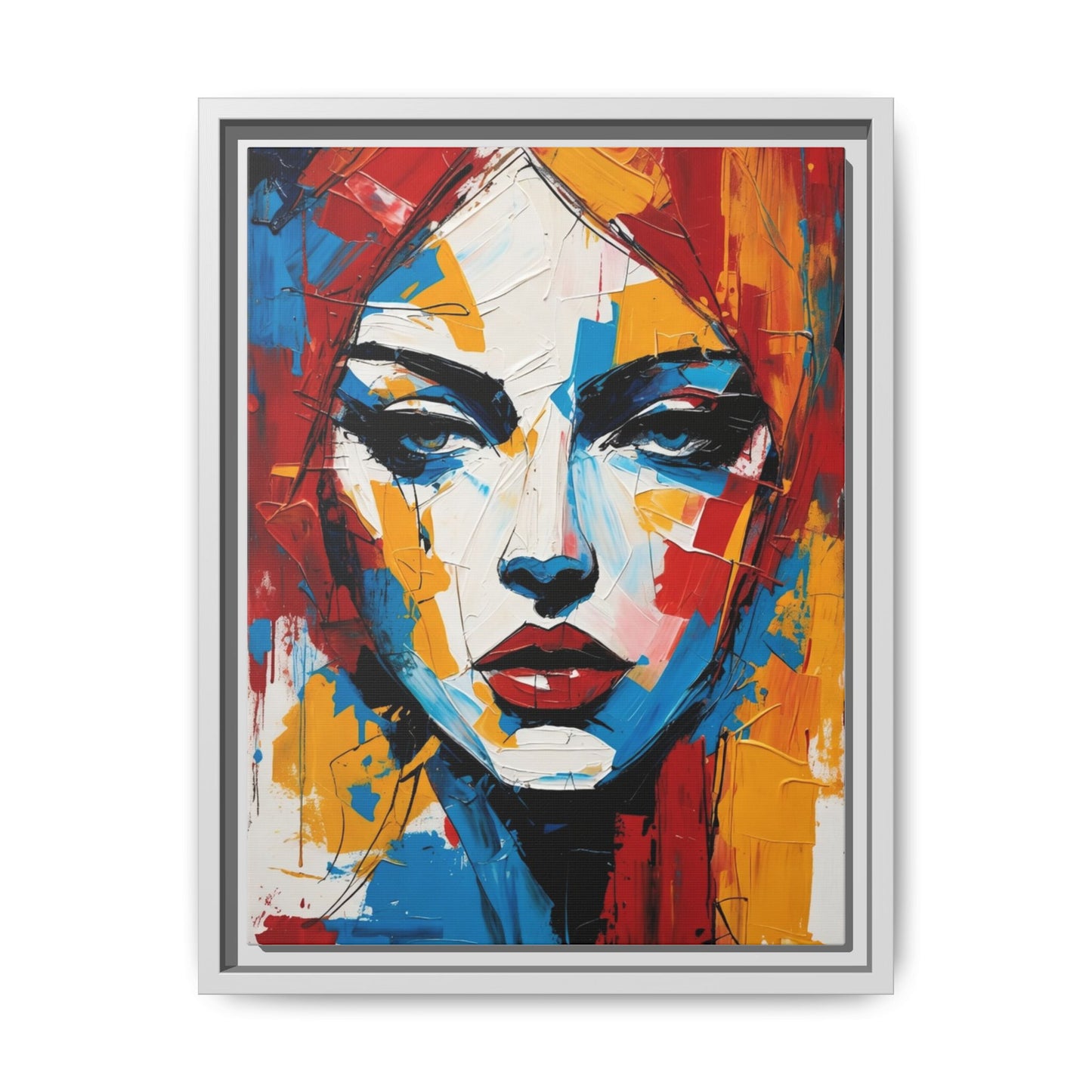 Framed Abstract Portrait Canvas — Colorful Female Face Wall Art