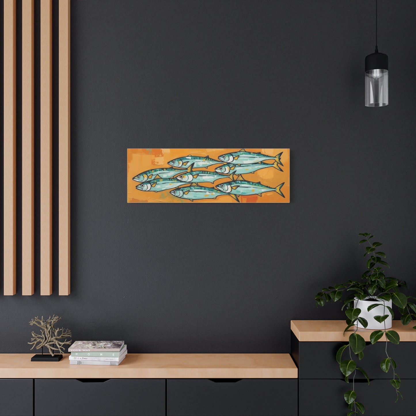 School of Mackerel Canvas Wall Art — Nautical Fish Painting on Orange Background