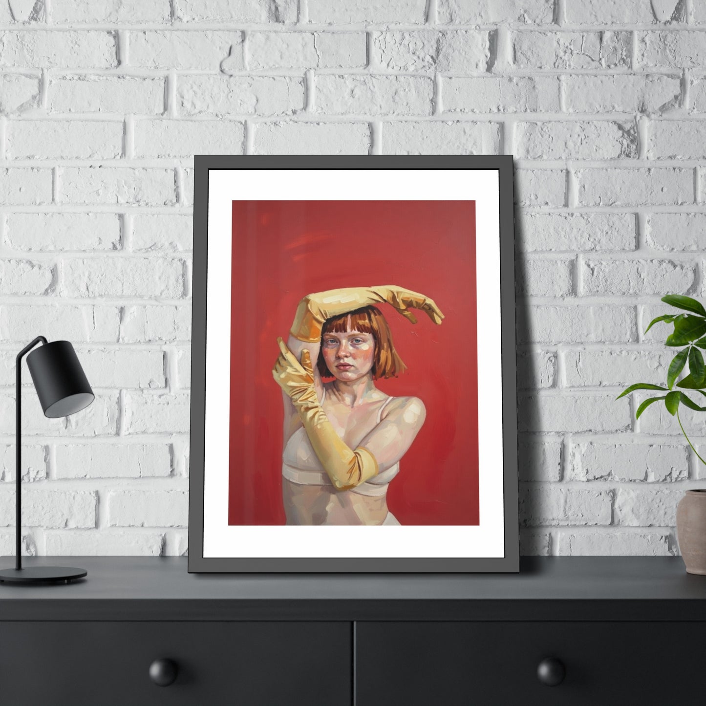 Framed Art Print — Retro Portrait with Yellow Gloves on Red Background