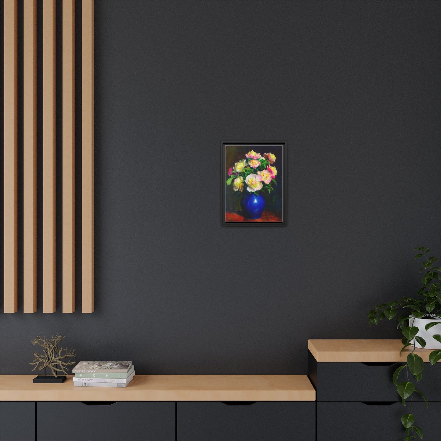 Framed Matte Canvas Wall Art — Vintage Floral Bouquet in Blue Vase