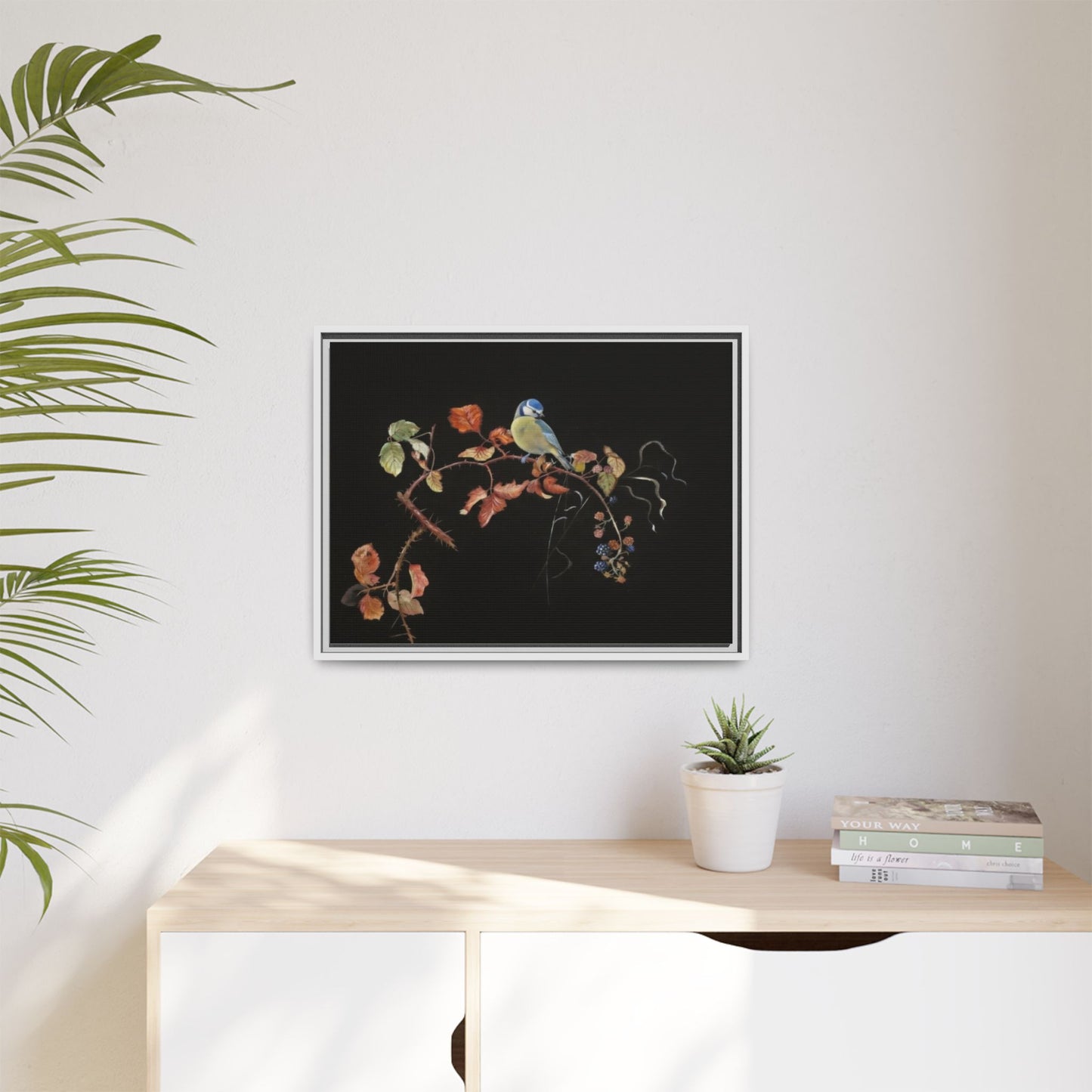 Framed Matte Canvas - Blue Tit on Autumn Branch Wall Art