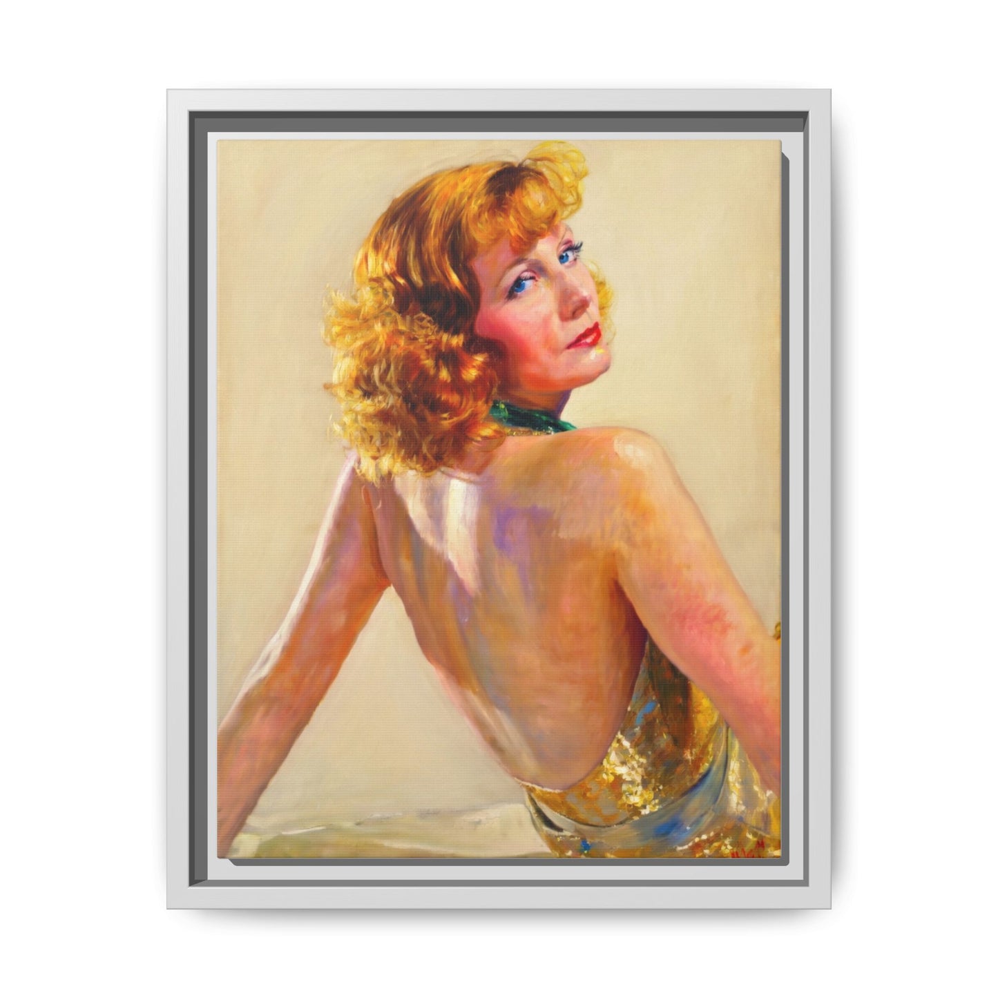 Framed Matte Canvas Print — Vintage Portrait of Redhead Greta Garbo in Gold Dress