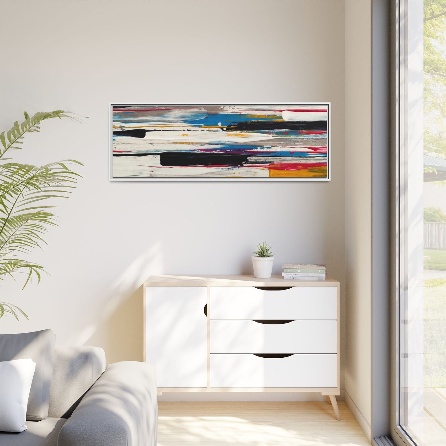 Abstract Multi-Color Framed Canvas Wall Art — Modern Horizontal Brushstroke Print