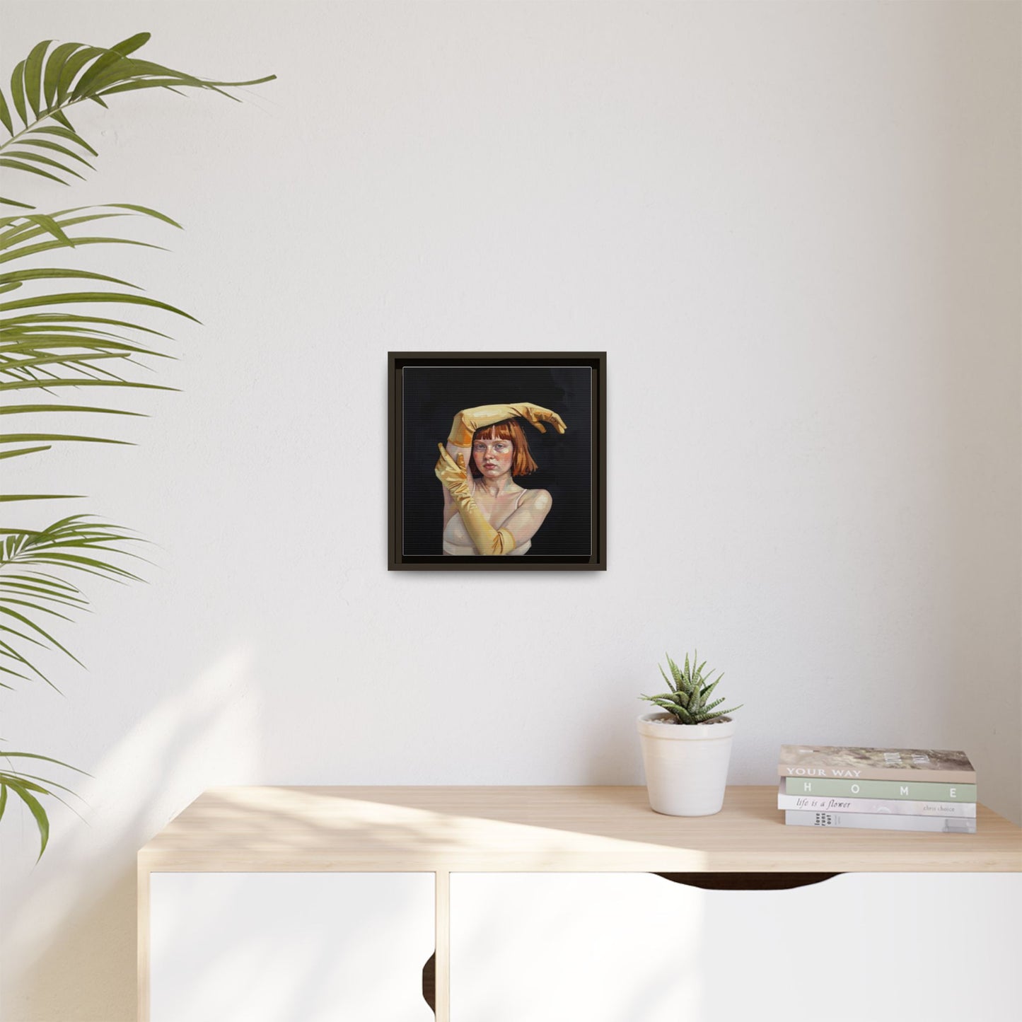 Framed Matte Canvas Art – Portrait of Woman in Yellow Gloves