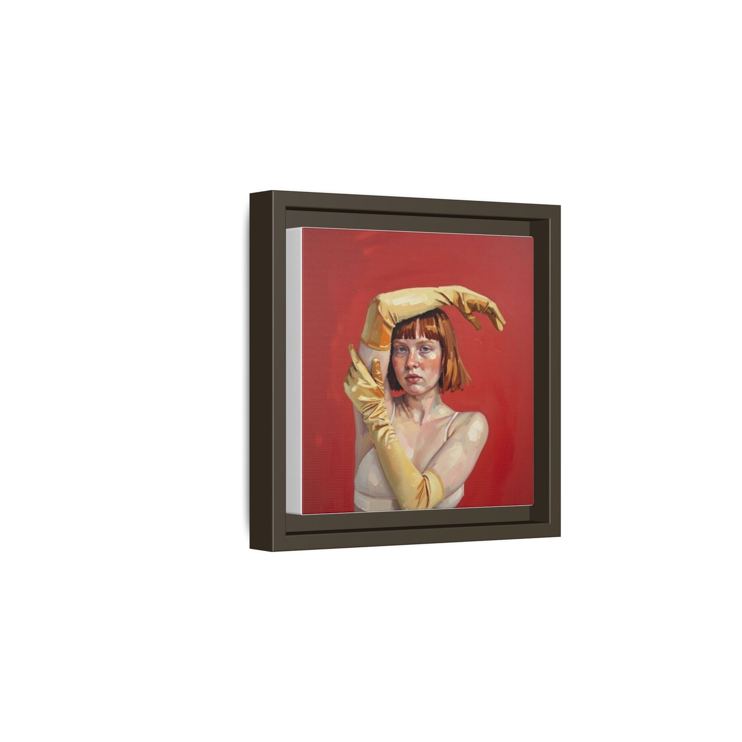 Framed Matte Canvas Art - Portrait of Woman in Yellow Gloves (Red Background)