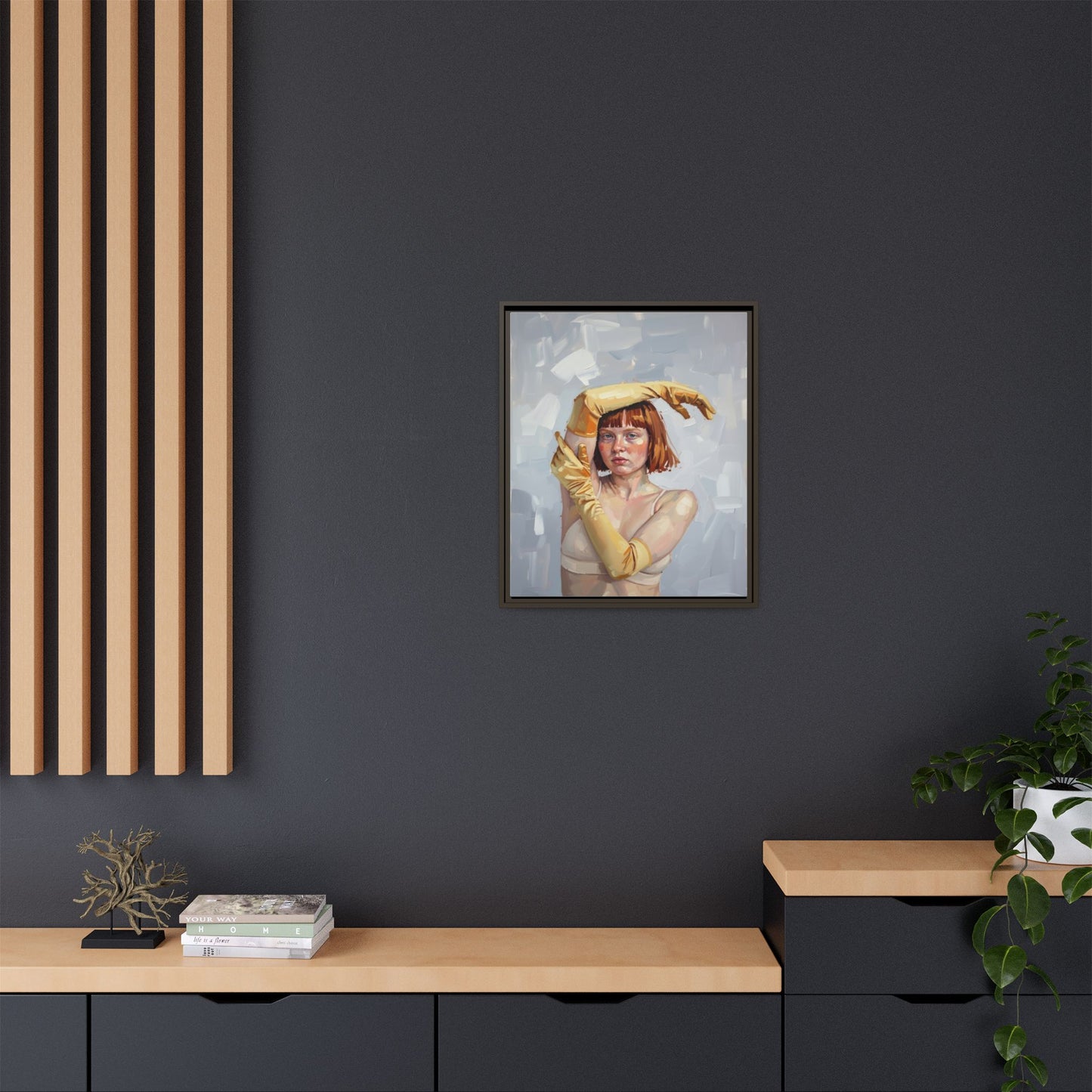 Contemporary Portrait Canvas Print — Woman with Yellow Gloves (Framed Matte)