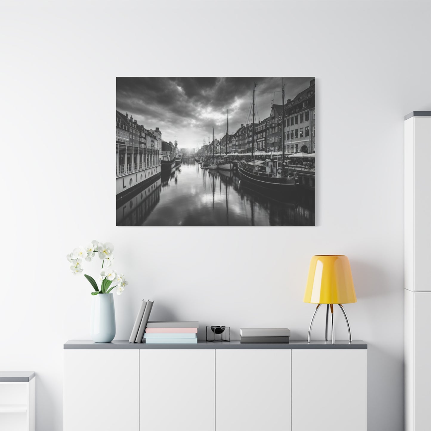 Black & White Harbor Canvas Print — Dramatic Copenhagen Cityscape Wall Art
