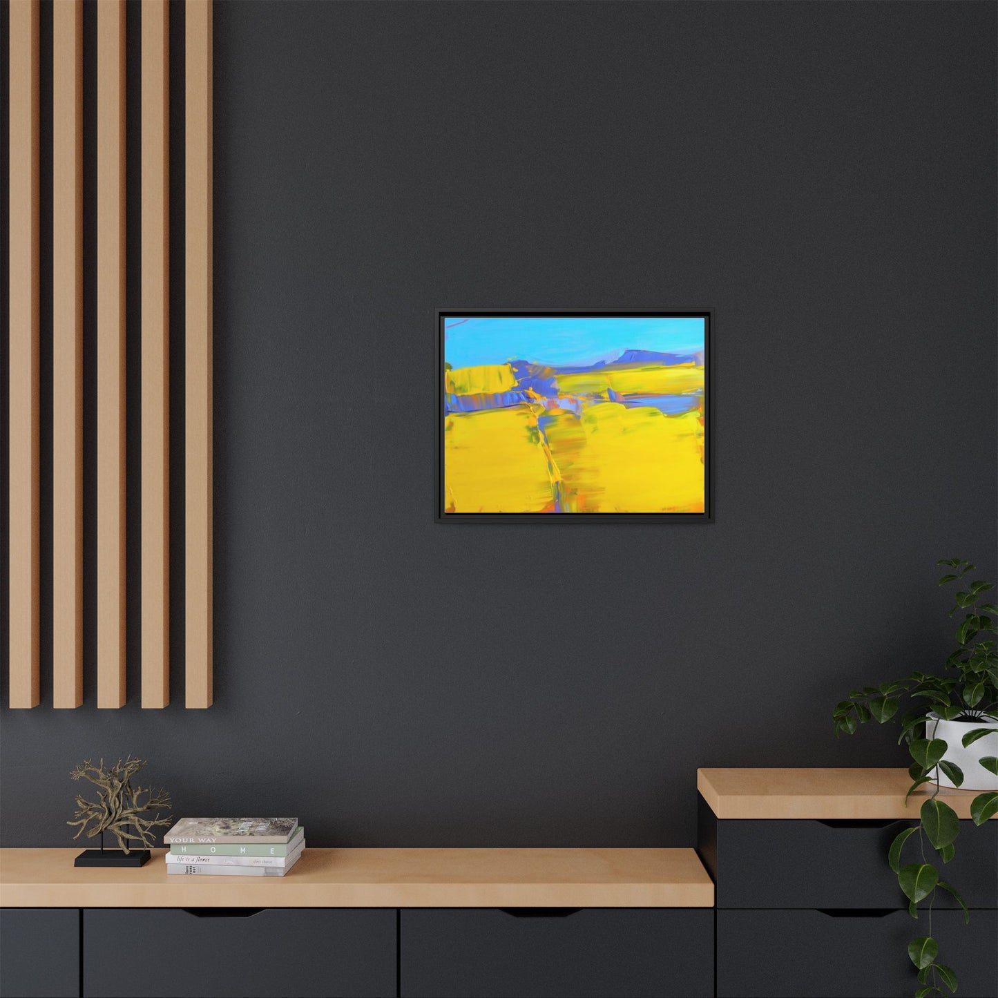 Framed Matte Canvas  Vibrant Yellow Blue Abstract Landscape Art