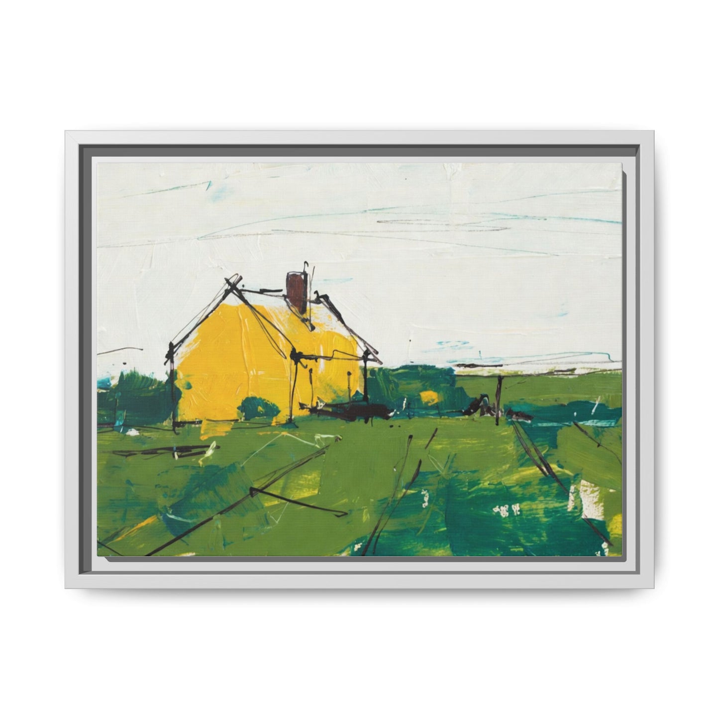 Yellow Cottage Landscape Framed Canvas Print