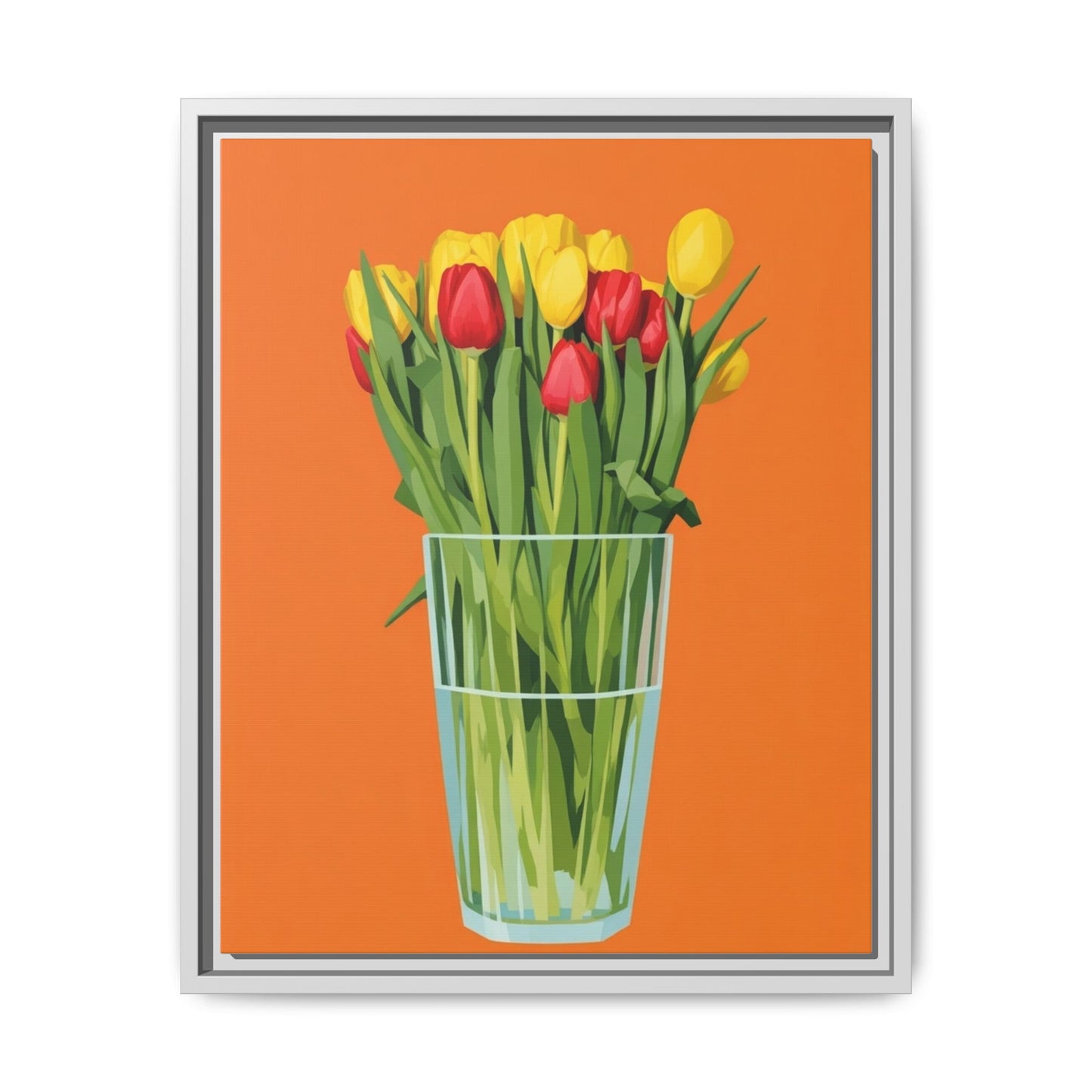 Framed Tulip Canvas Print — Colorful Tulips in Glass Vase