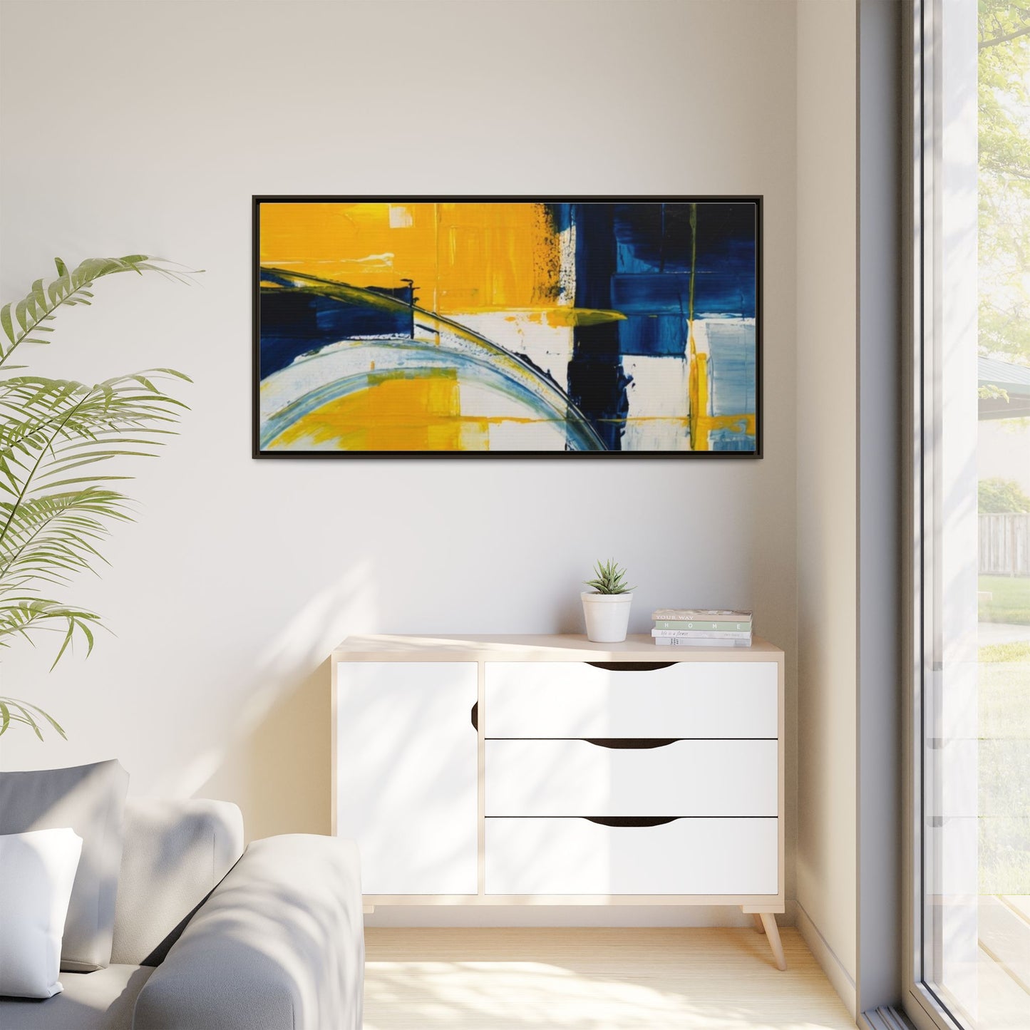 Abstract Yellow & Blue Framed Canvas Wall Art — Modern Matte Canvas Print