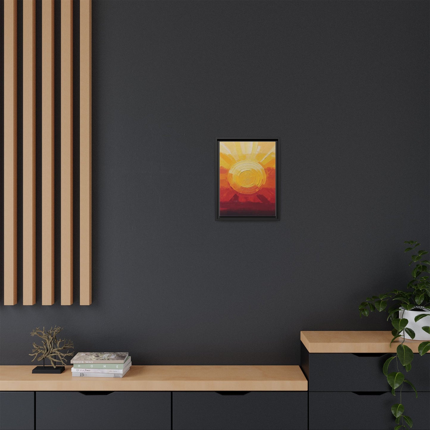 Sunburst Abstract Framed Canvas Art — Matte Multi‑Color Wall Print