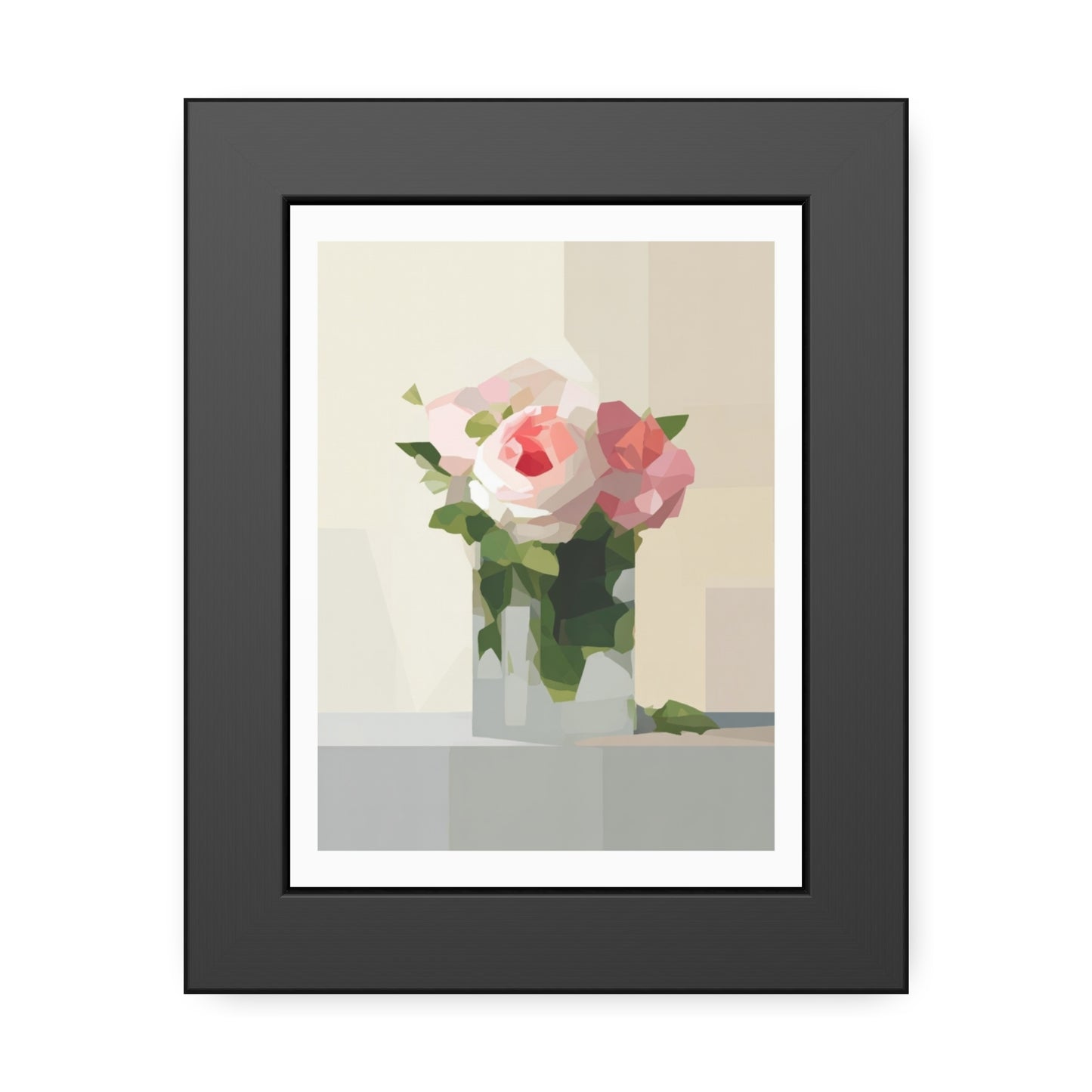 Framed Floral Poster — Geometric Pink Rose Wall Art