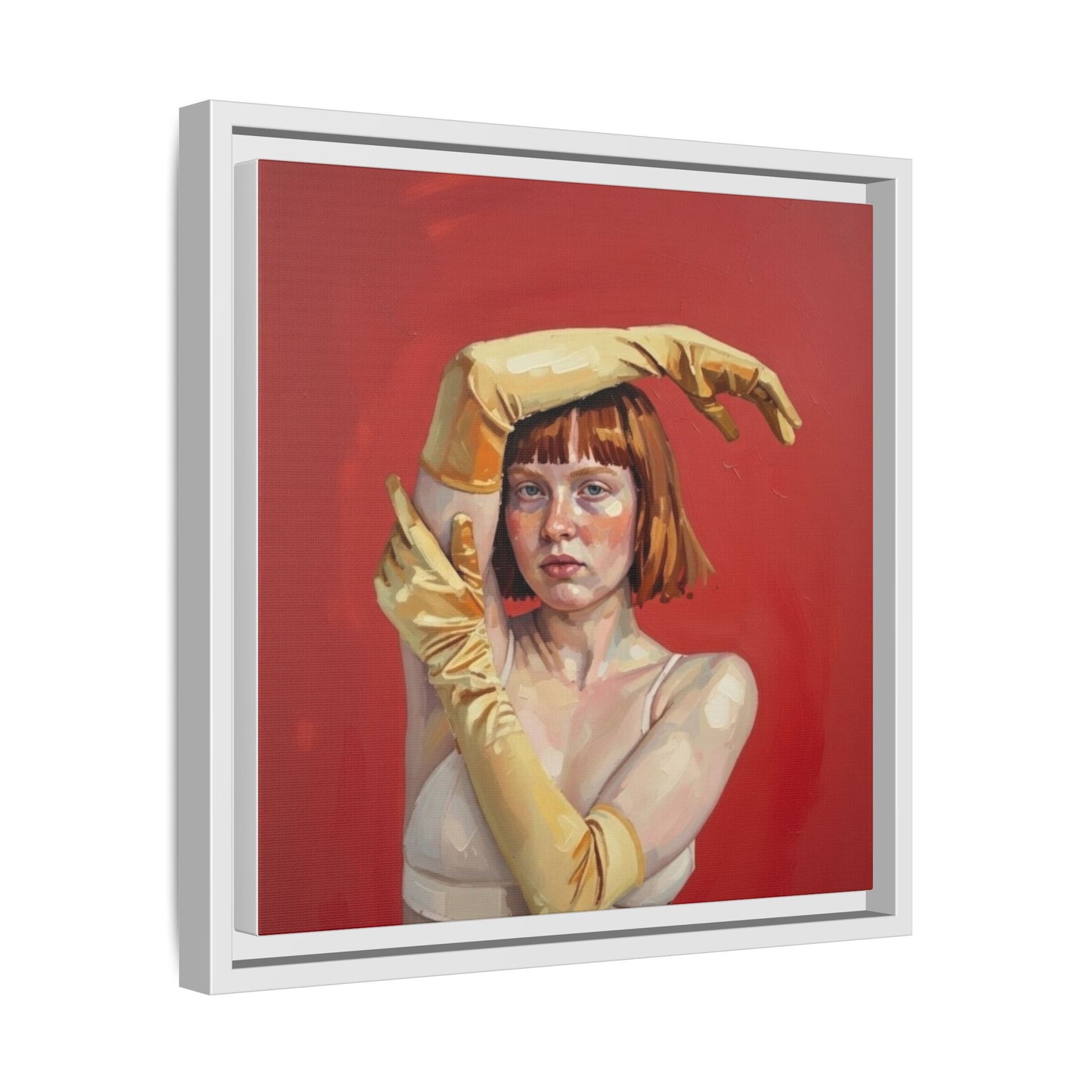 Framed Matte Canvas Art - Portrait of Woman in Yellow Gloves (Red Background)