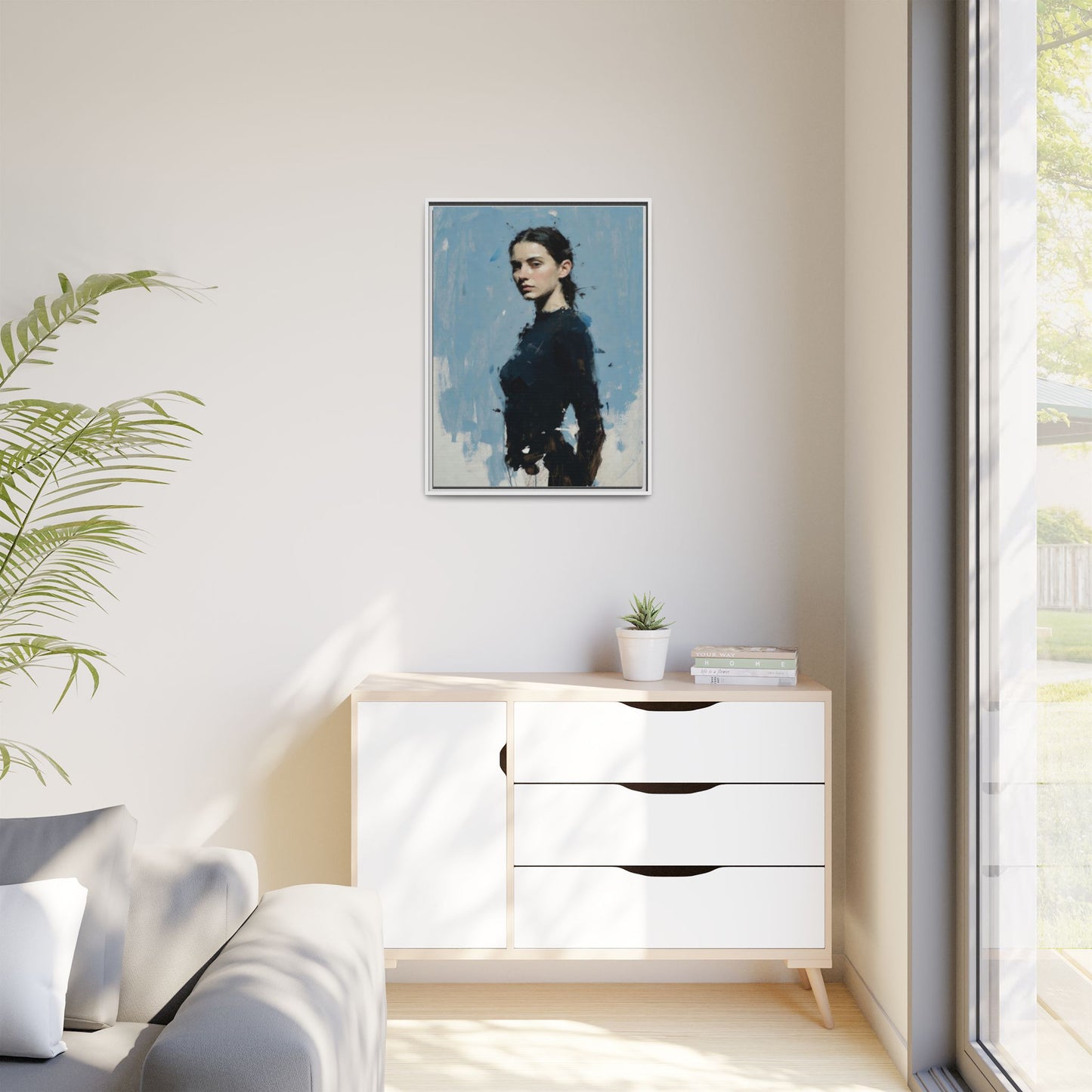 Framed Matte Canvas Portrait Print — Elegant Blue Woman Art
