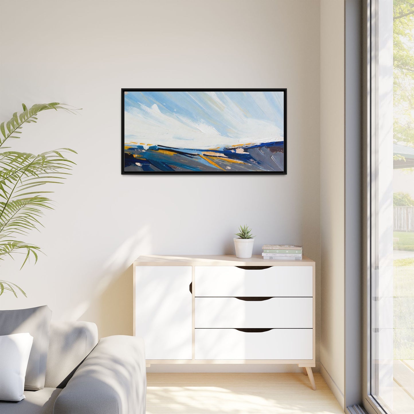 Framed Abstract Seascape Canvas Print — Matte Multi‑Color Wall Art