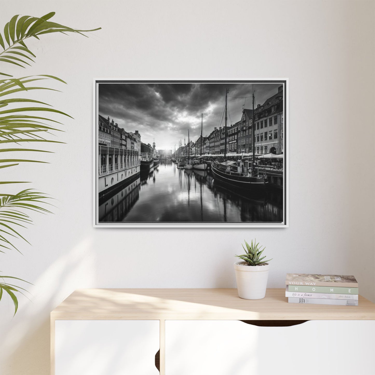 Framed Matte Canvas: Black & White Dutch Canal Photography Wall Art