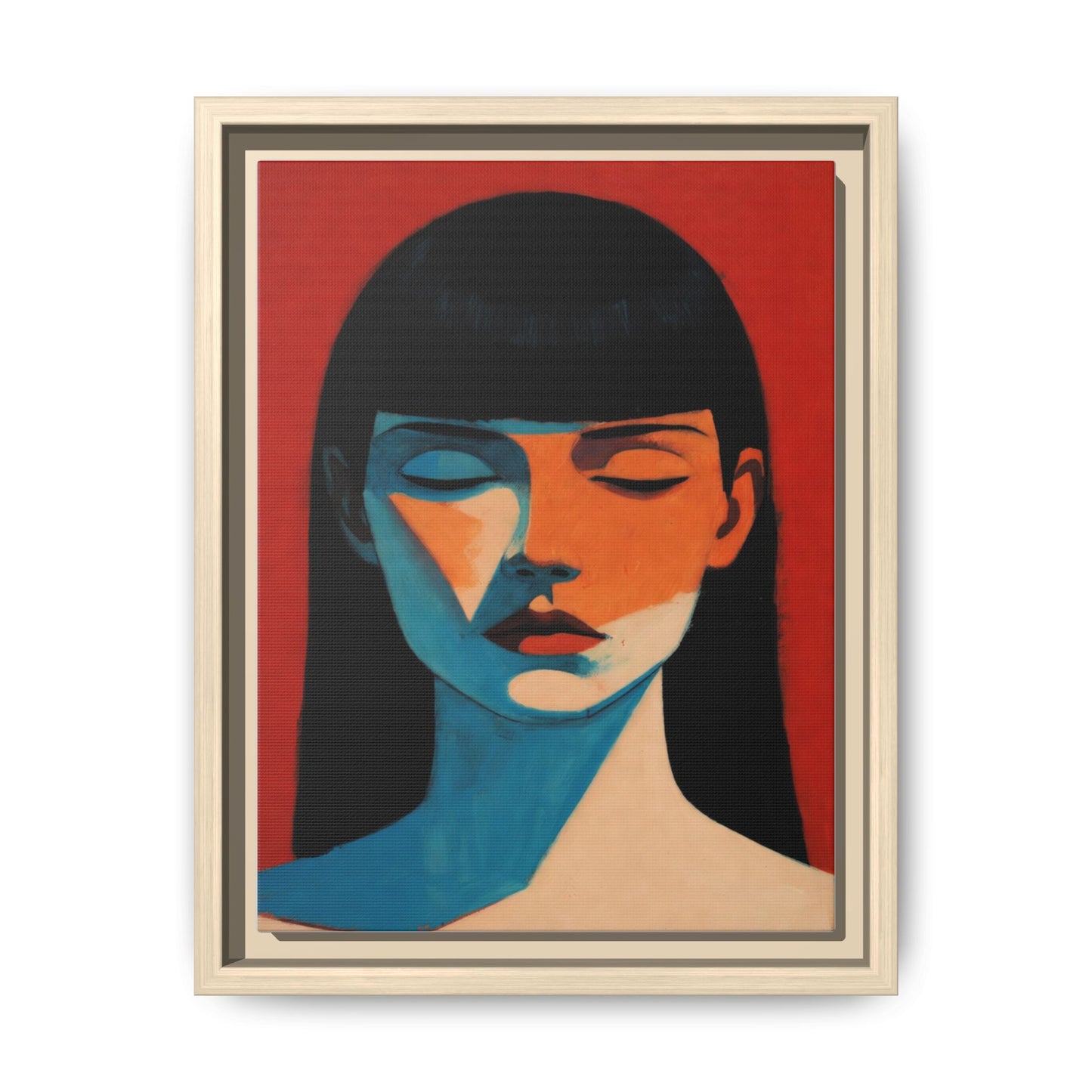 Framed Matte Canvas Art – Minimalist Portrait in Red & Teal