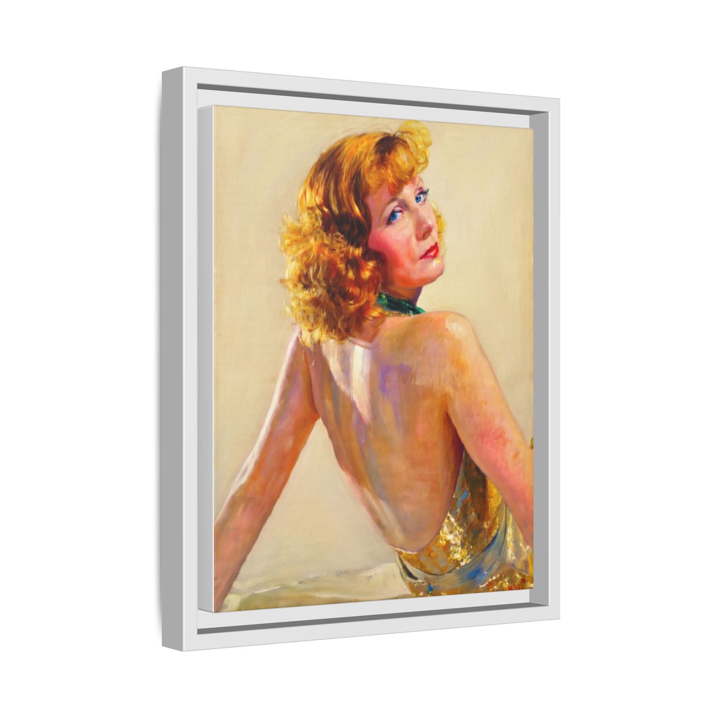 Framed Matte Canvas Print — Vintage Portrait of Redhead Greta Garbo in Gold Dress