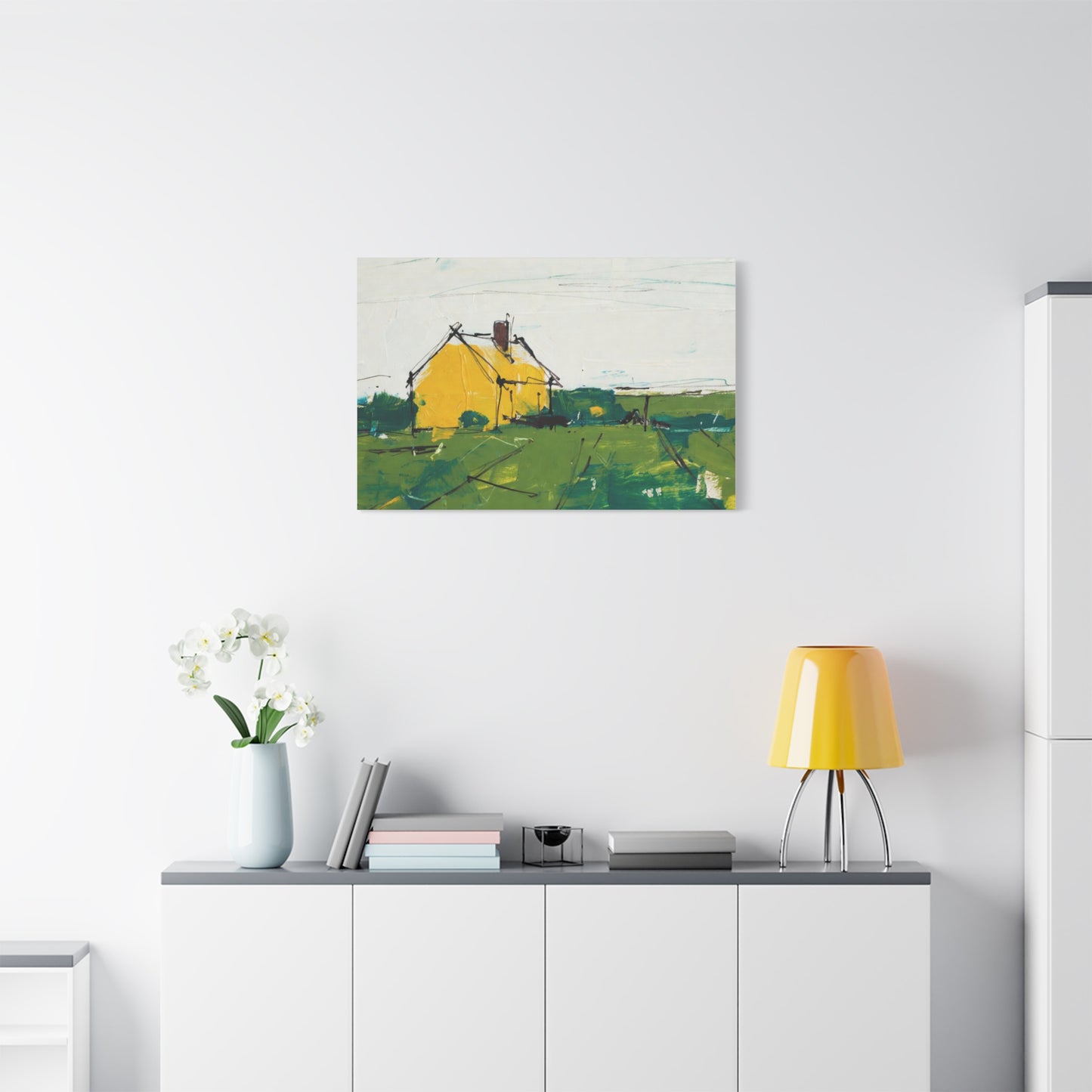 Yellow Cottage Landscape Canvas - Matte Stretched Wall Art