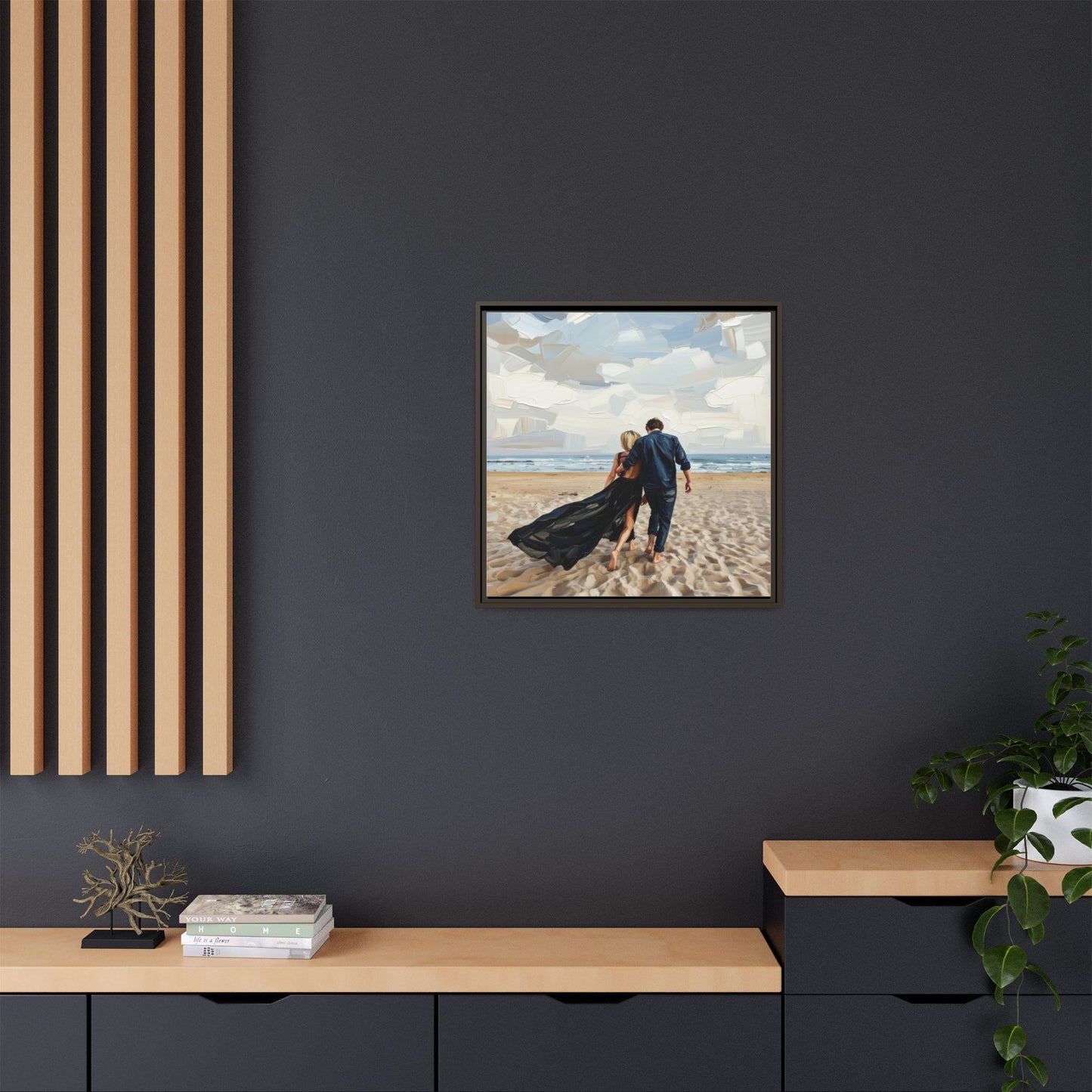 Framed Canvas Wall Art — Romantic Couple Walking on Beach Print